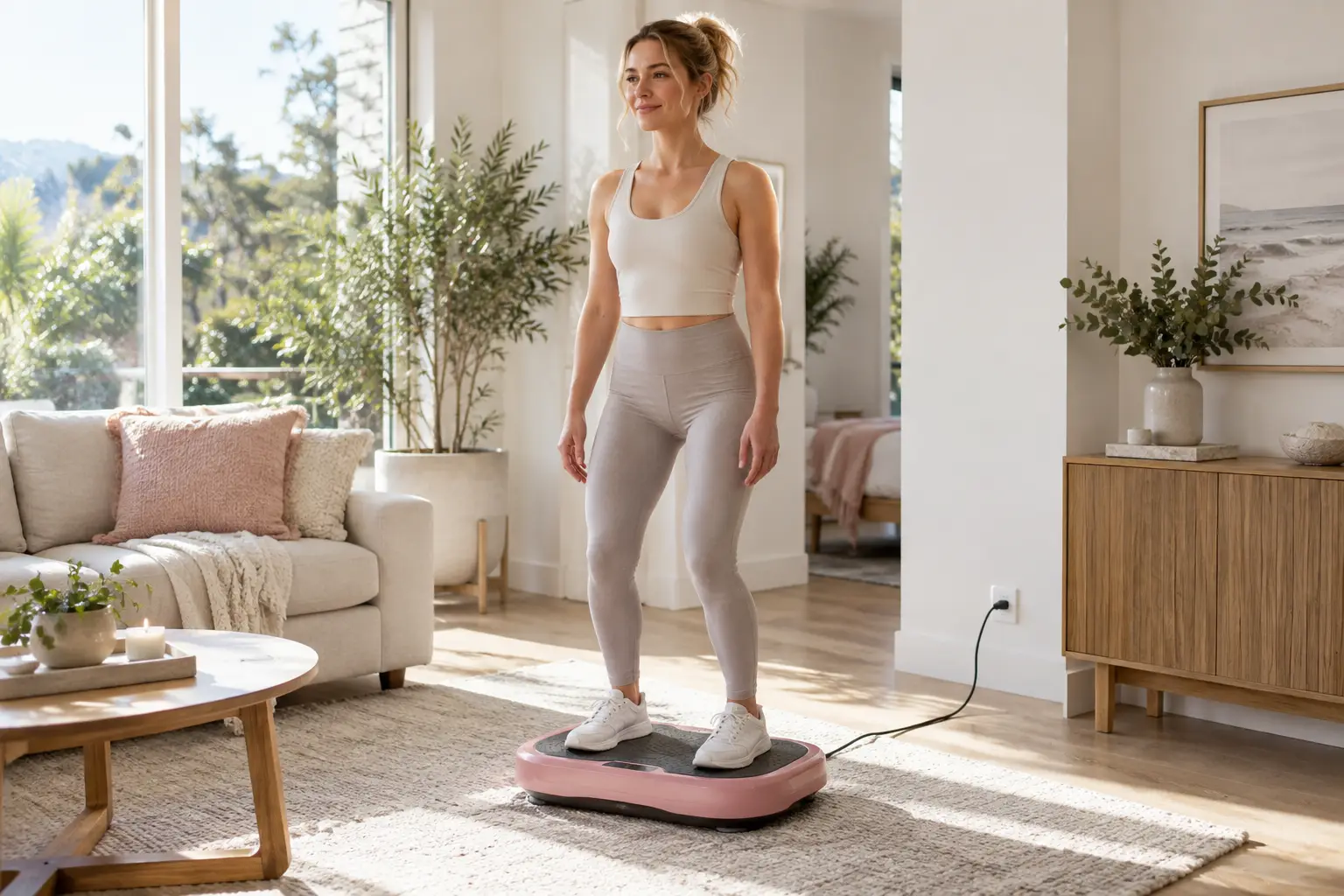 A young woman standing on a light blue vibration plate in a bright sunlit living room.