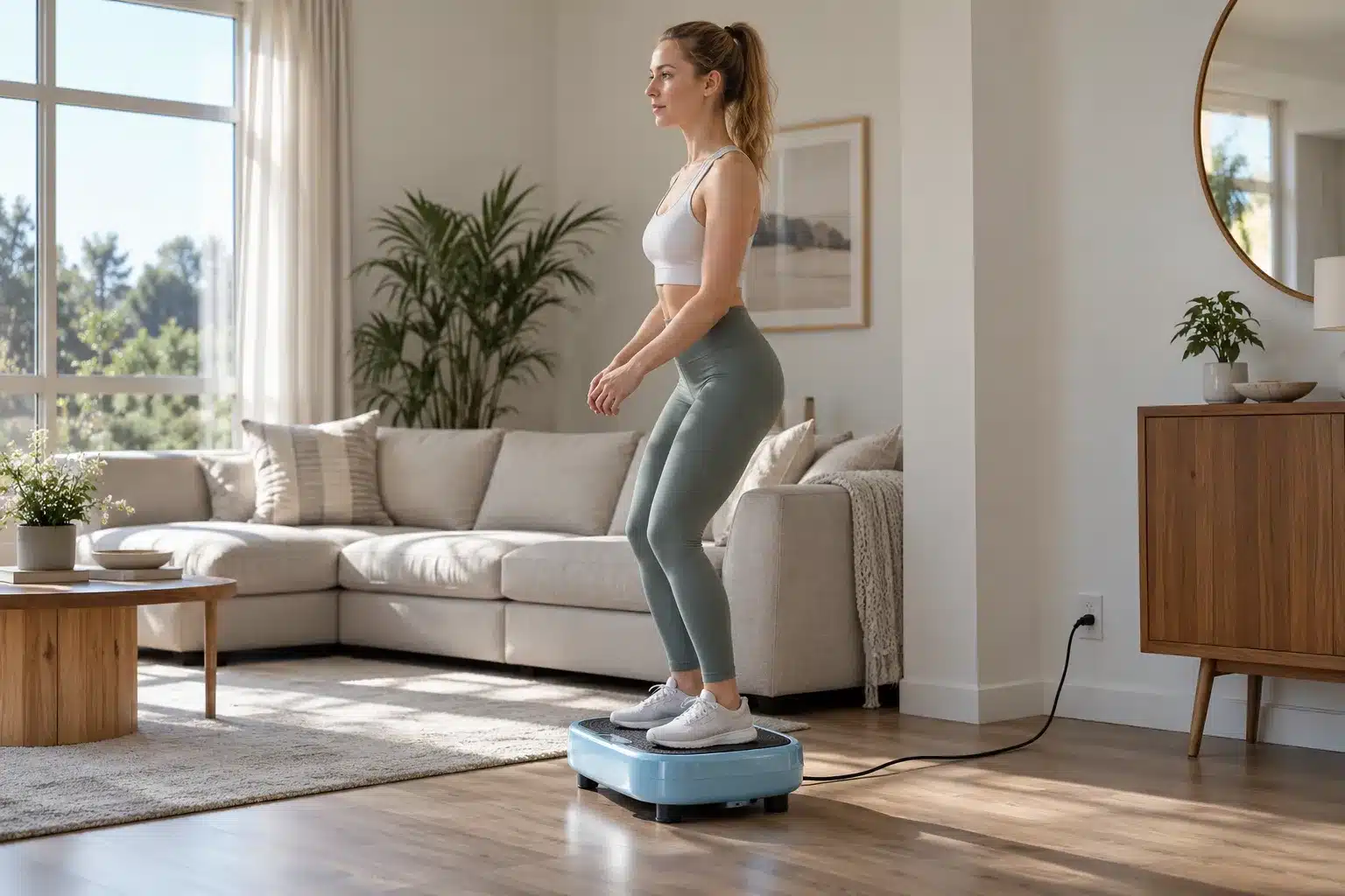 A young woman standing on a pink vibration plate in a bright sunlit living room. A young woman standing on a pink vibration plate in a bright sunlit living room.