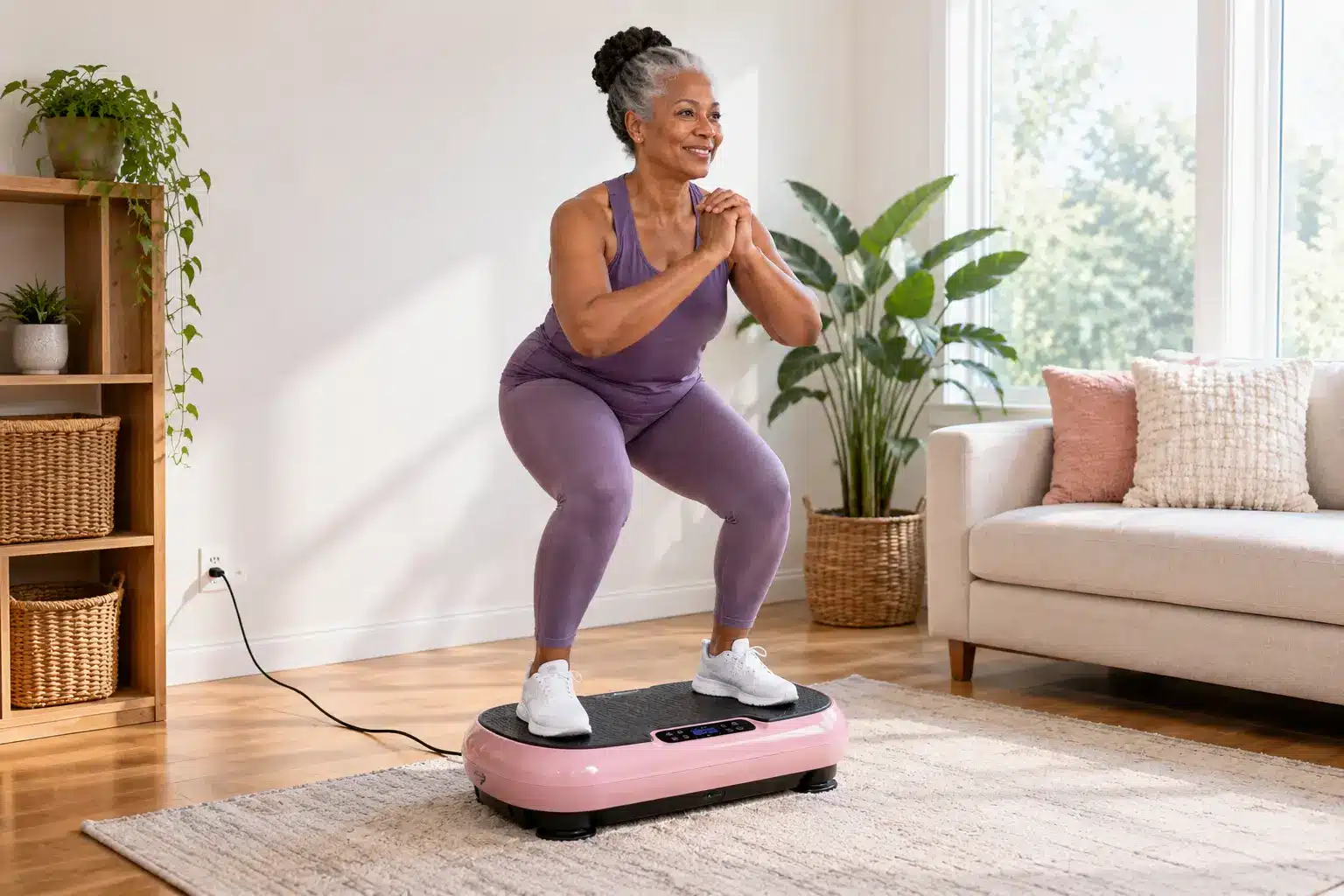 An African American elderly woman doing a gentle squat on a pink vibration plate in a bright living room. An African American elderly woman doing a gentle squat on a pink vibration plate in a bright living room.