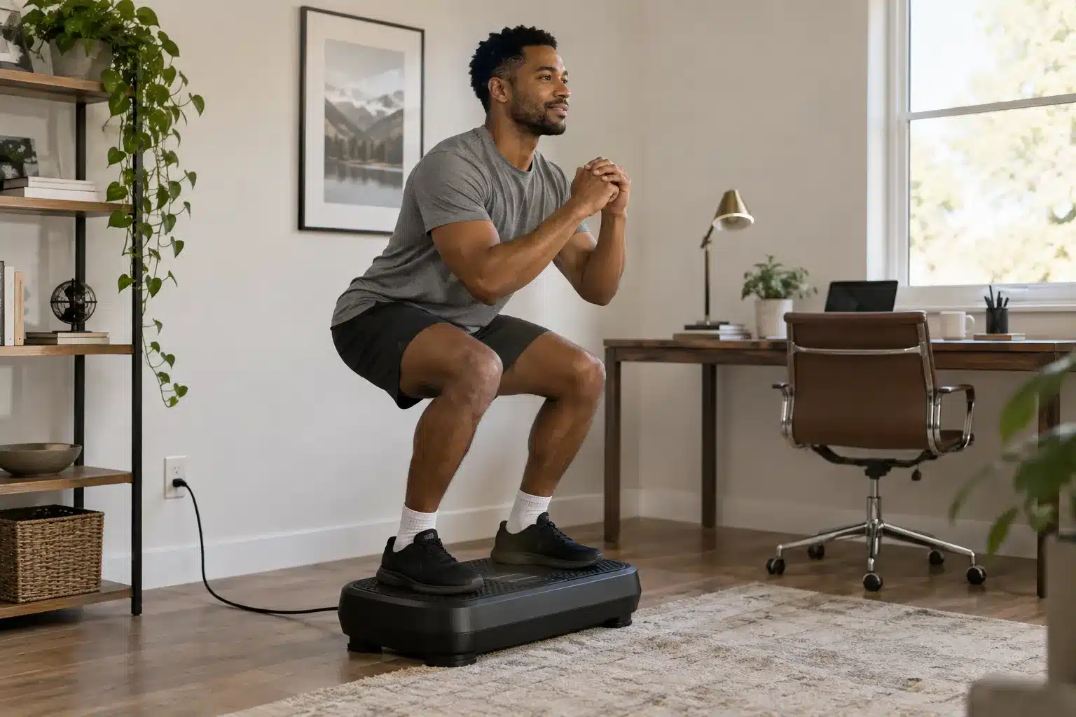 An African American man doing a squat on a black vibration plate in a home office. An African American man doing a squat on a black vibration plate in a home office.