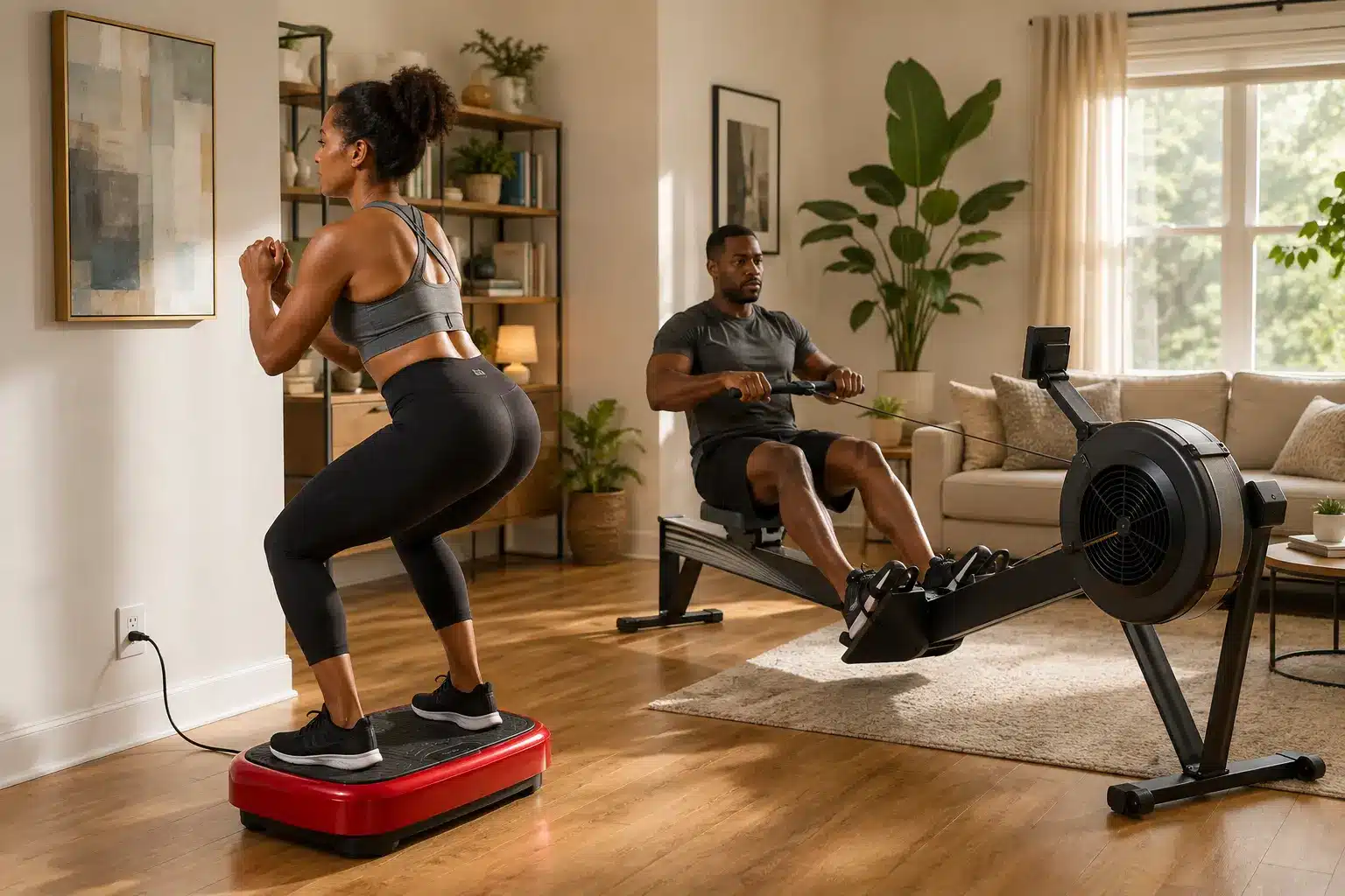 An African American woman doing a half squat on a red vibration plate while an African American man uses a rowing machine in a modern living room gym An African American woman doing a half squat on a red vibration plate while an African American man uses a rowing machine in a modern living room gym