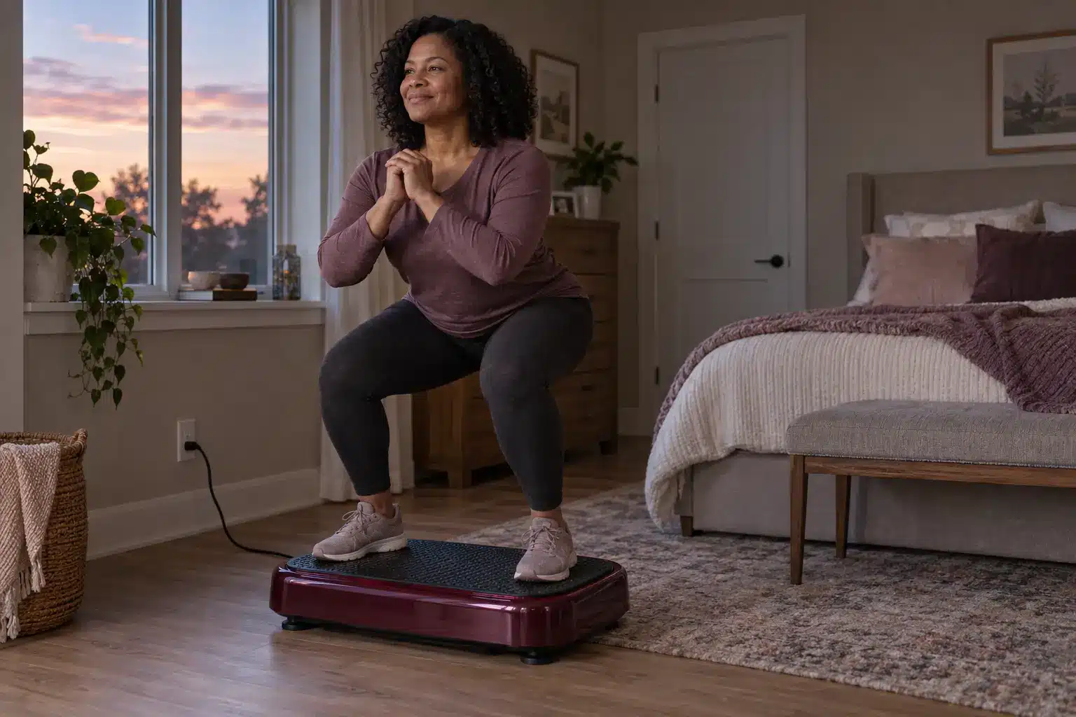 An African American woman doing a squat on a burgundy vibration plate in a cozy bedroom at sunset. An African American woman doing a squat on a burgundy vibration plate in a cozy bedroom at sunset.