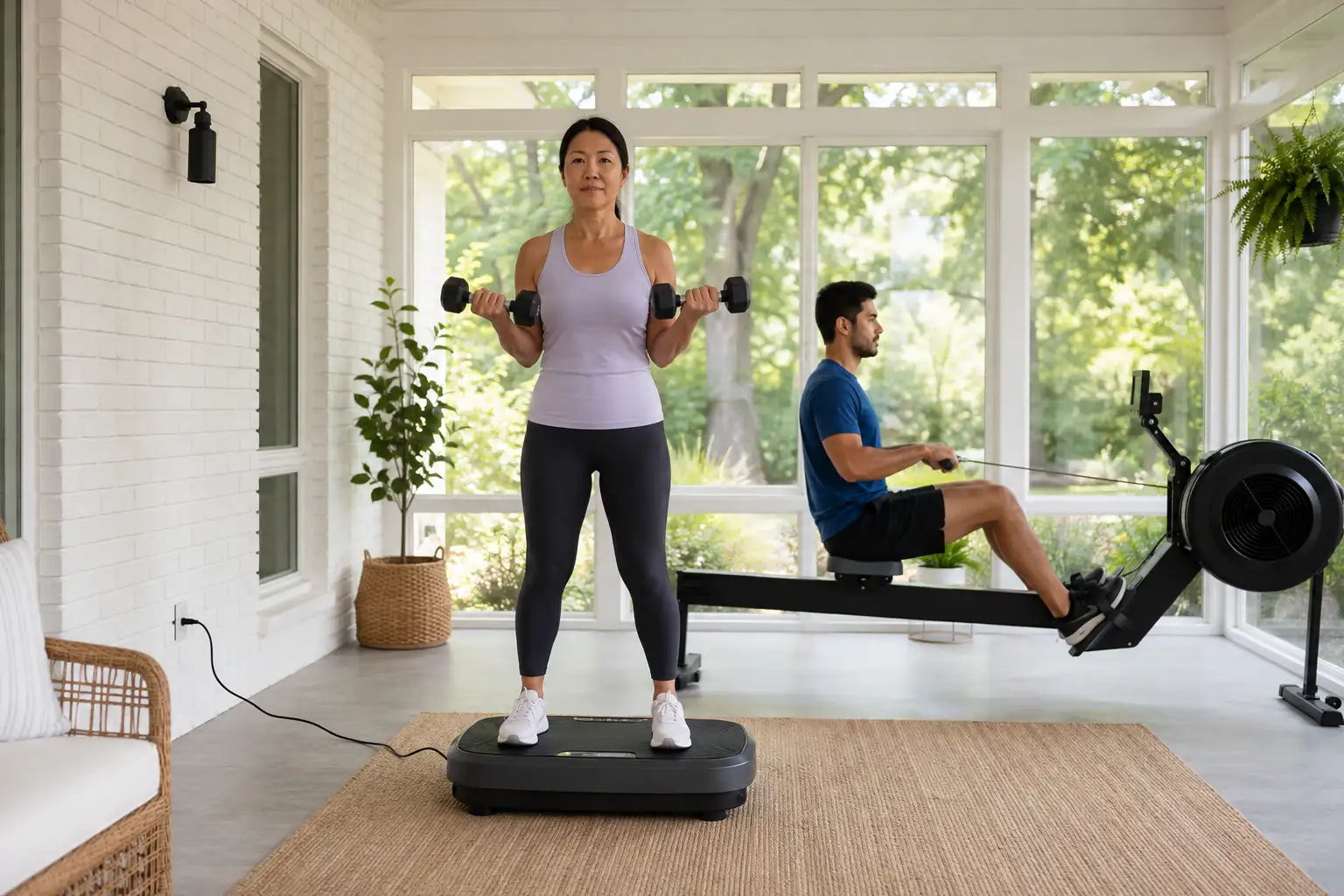 An Asian woman doing dumbbell curls on a vibration plate while an Asian man uses a rowing machine in a sunlit home gym An Asian woman doing dumbbell curls on a vibration plate while an Asian man uses a rowing machine in a sunlit home gym