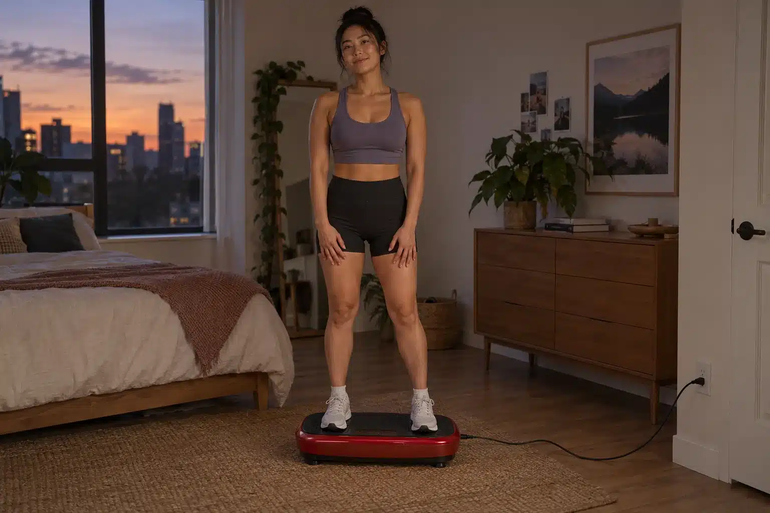 An Asian woman standing calmly on a red vibration plate in a cozy bedroom at sunset. An Asian woman standing calmly on a red vibration plate in a cozy bedroom at sunset.