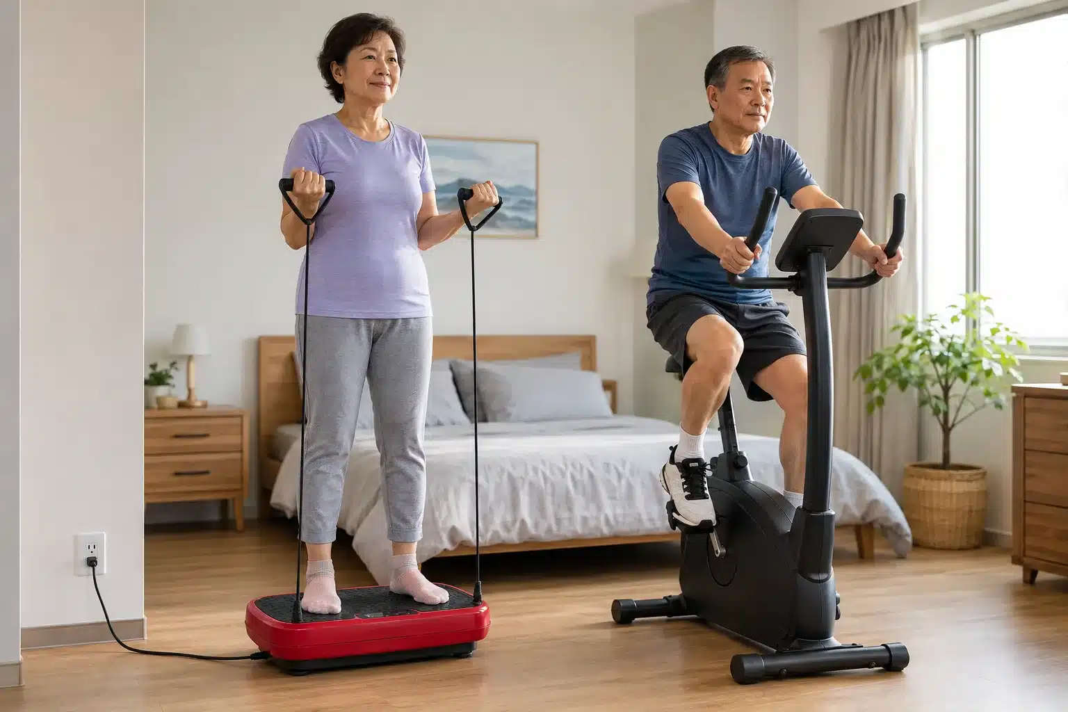 An Asian woman using resistance bands on a red vibration plate while an Asian man rides an upright exercise bike in a bright bedroom An Asian woman using resistance bands on a red vibration plate while an Asian man rides an upright exercise bike in a bright bedroom