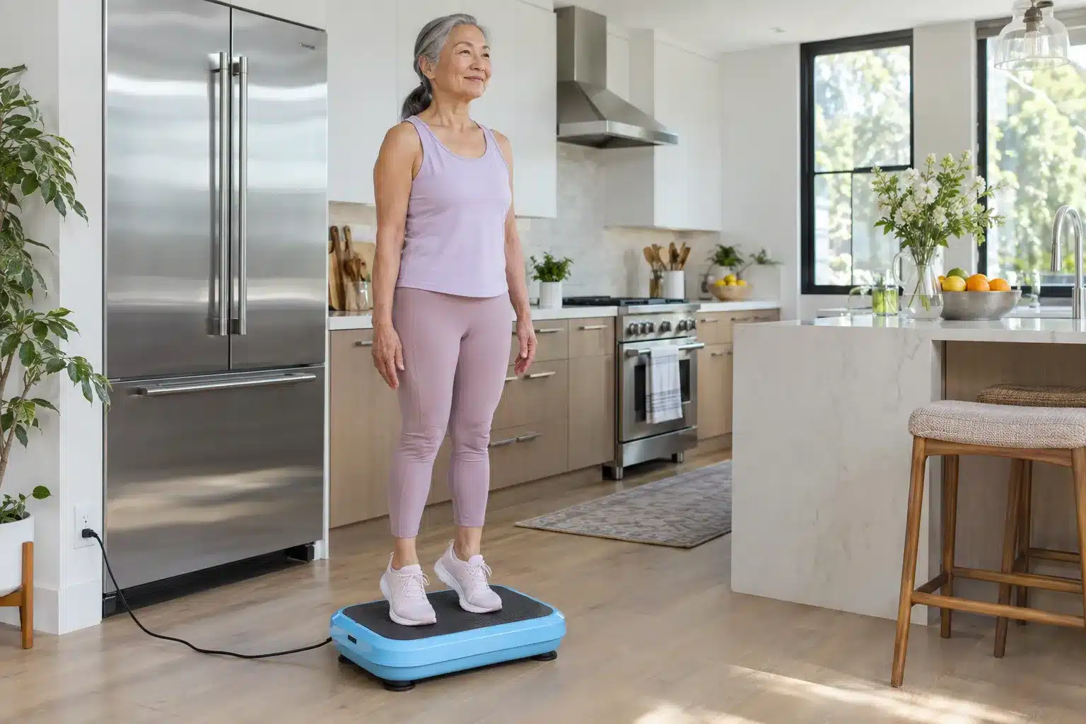 An elderly Asian woman standing on a light blue vibration plate in a bright modern kitchen. An elderly Asian woman standing on a light blue vibration plate in a bright modern kitchen.