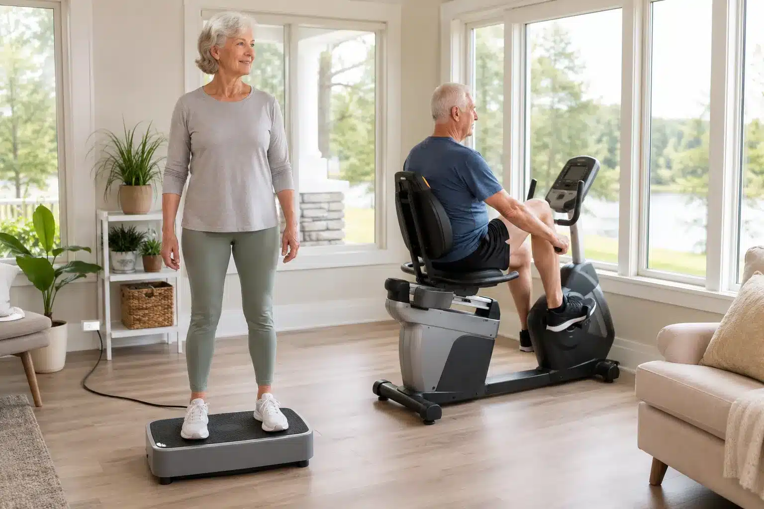 An elderly woman standing on a gray vibration plate while an elderly man rides a recumbent exercise bike in a bright open home gym An elderly woman standing on a gray vibration plate while an elderly man rides a recumbent exercise bike in a bright open home gym