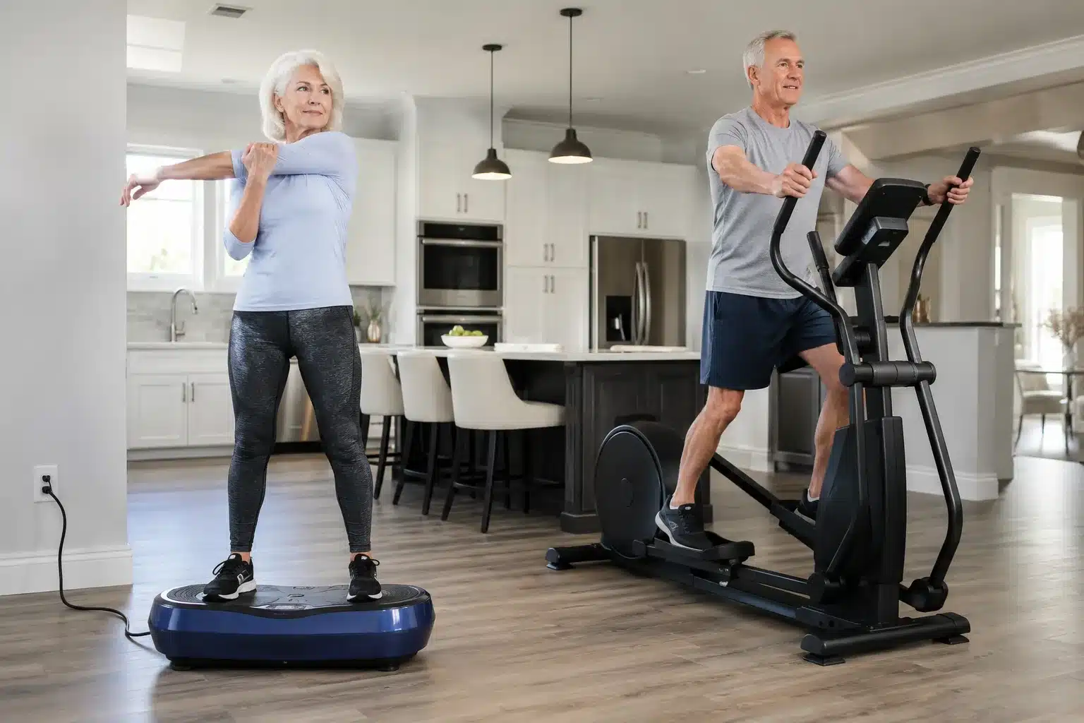 An elderly woman stretching on a blue vibration plate while an elderly man uses an elliptical machine in a bright open home setting An elderly woman stretching on a blue vibration plate while an elderly man uses an elliptical machine in a bright open home setting