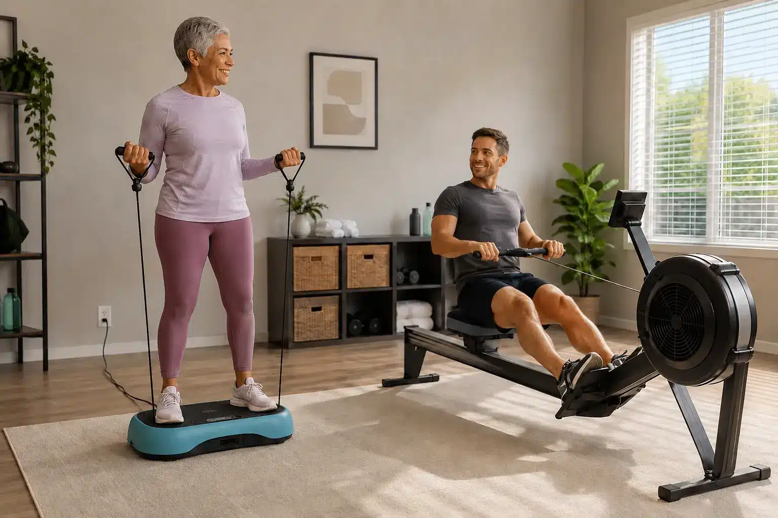 An elderly woman using resistance bands on a vibration plate while a man rows beside her in a bright home gym An elderly woman using resistance bands on a vibration plate while a man rows beside her in a bright home gym