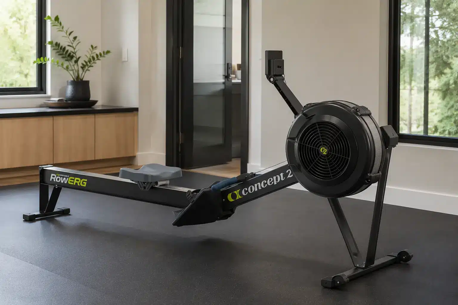 Concept2 RowErg Indoor Rowing Machine A Concept2 RowERG rowing machine in a modern home gym.