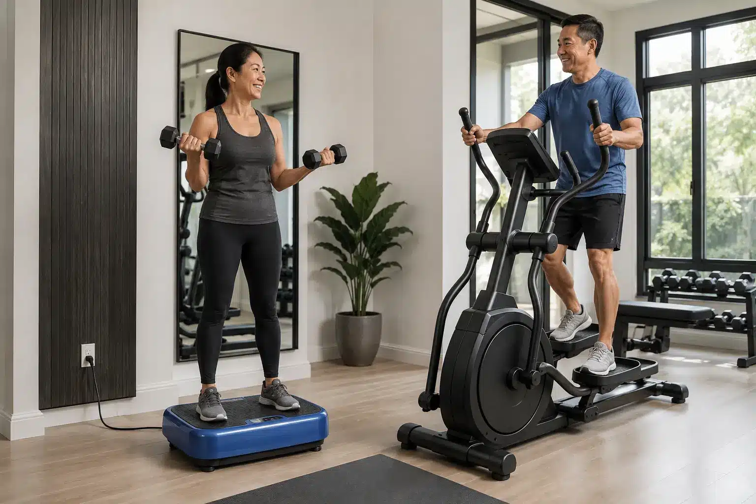 An Asian woman doing dumbbell curls on a blue vibration plate while an Asian man uses an elliptical machine in a modern home gym An Asian woman doing dumbbell curls on a blue vibration plate while an Asian man uses an elliptical machine in a modern home gym