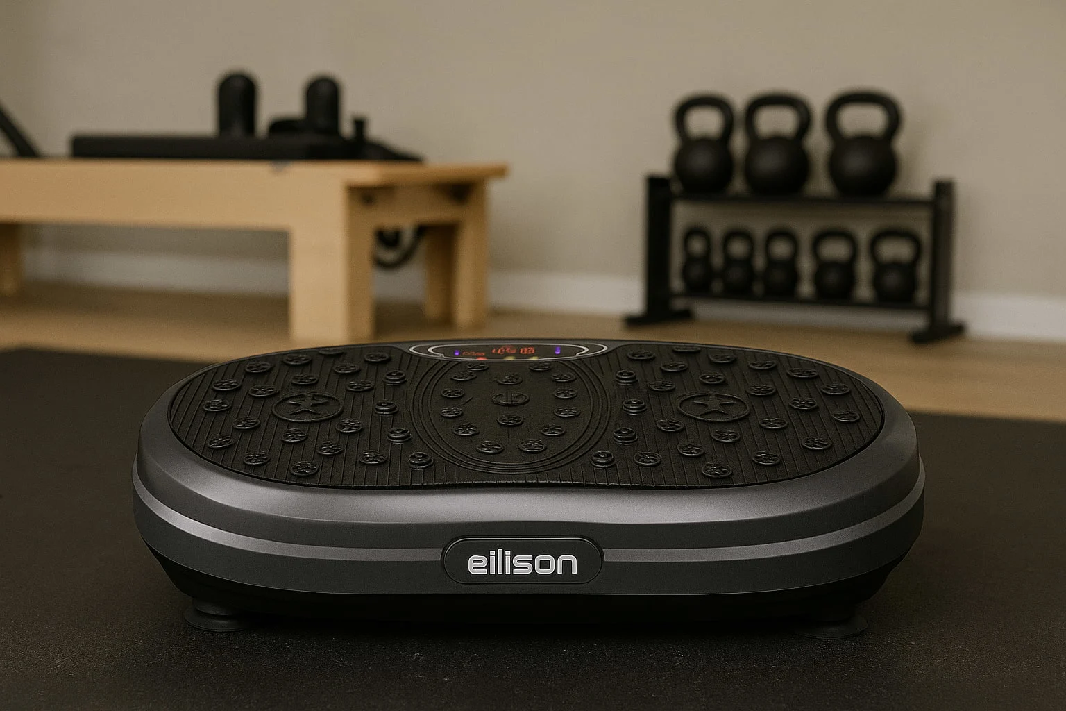 EILISON FitMax 3D XL vibration plate with kattlebells in the background