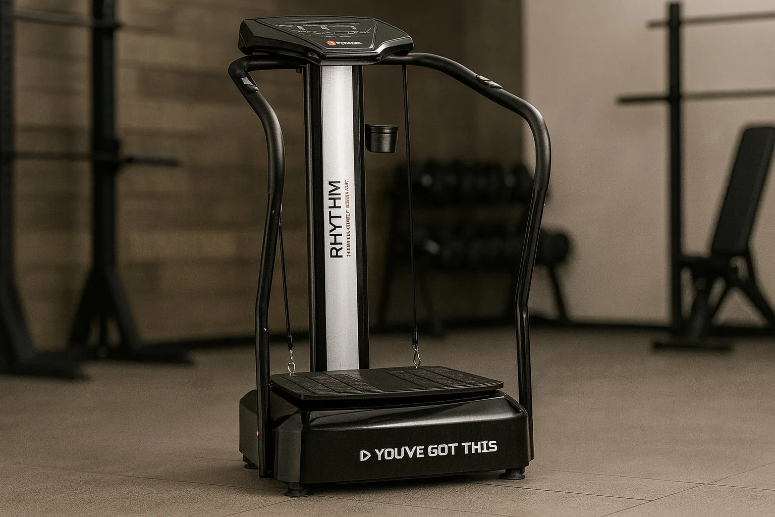 LifePro Rhythm Vibration Plate on the floor of a home gym