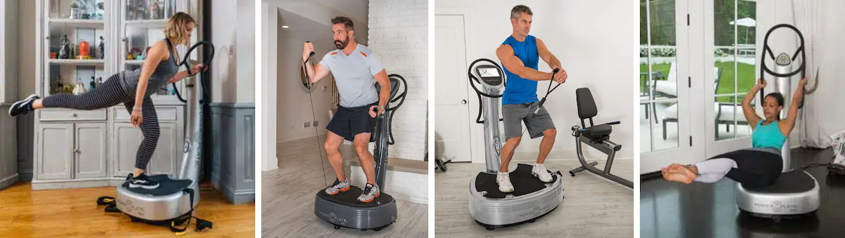 Collage of images people using vibration plate