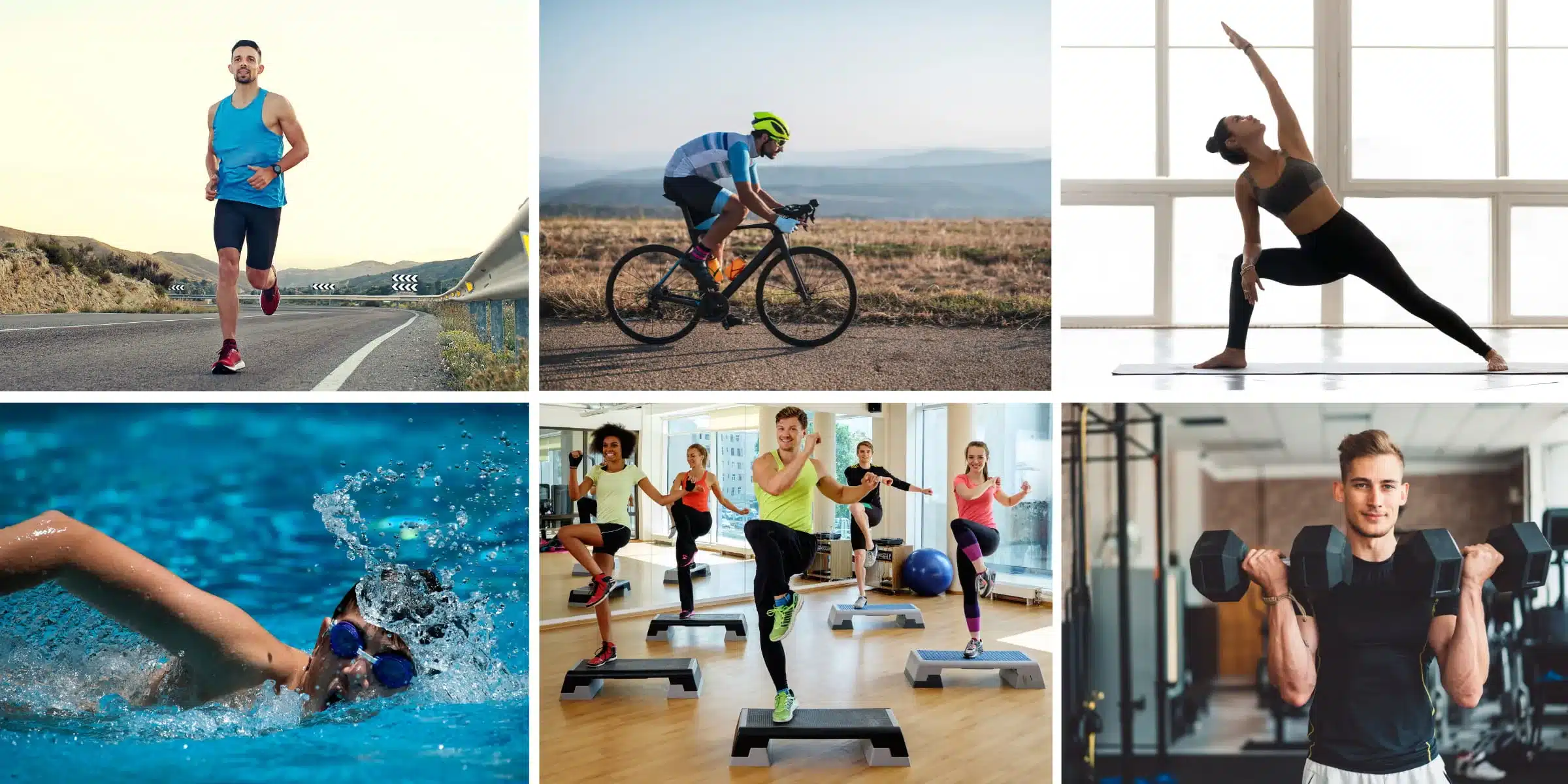 A collage of 6 sports and fitness activities 