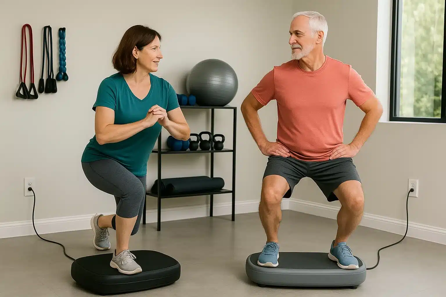 A couple enjoying whole body vibration therapy session in their home gym