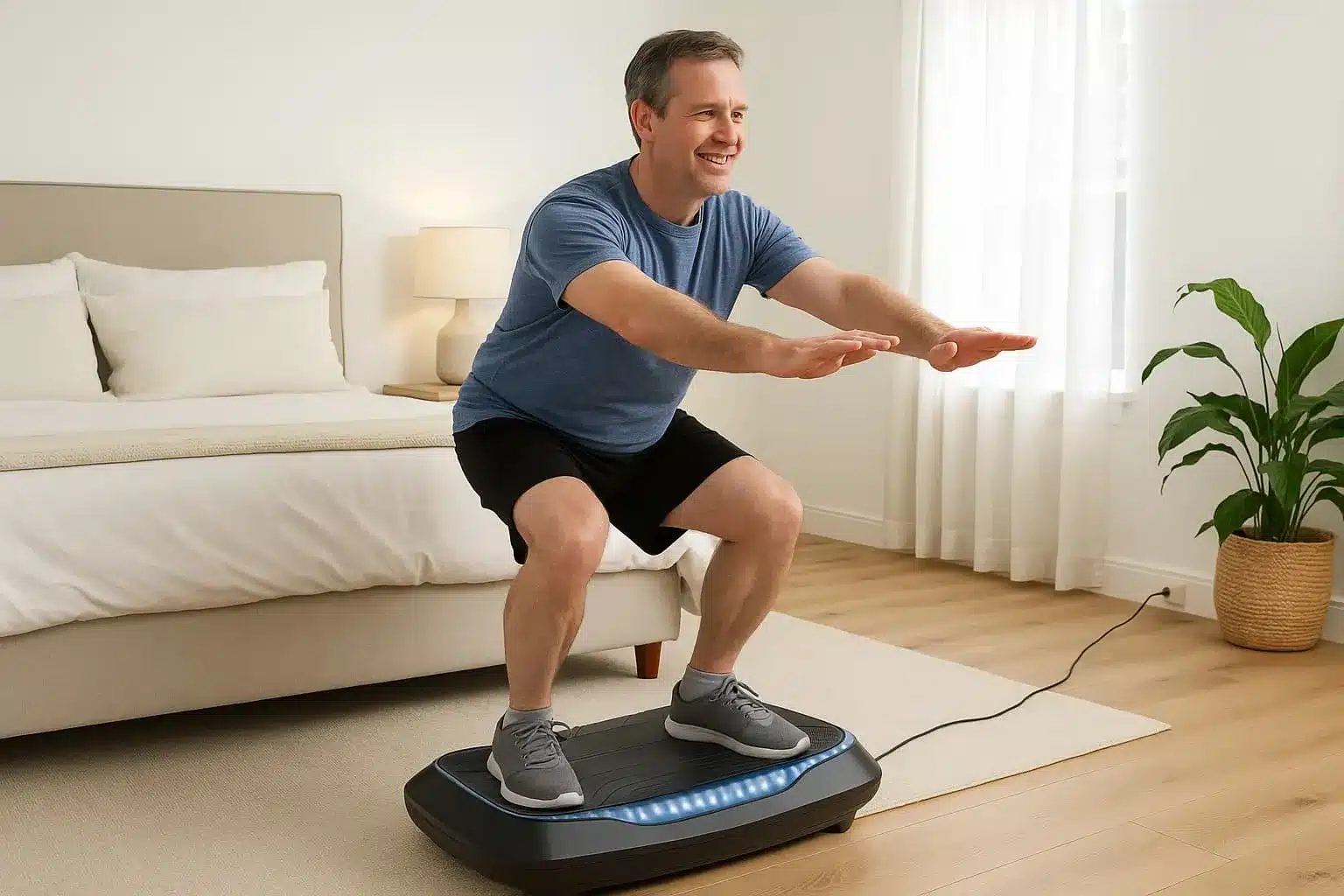 A man on a FLYBIRD Vibration Plate in his bedroom
