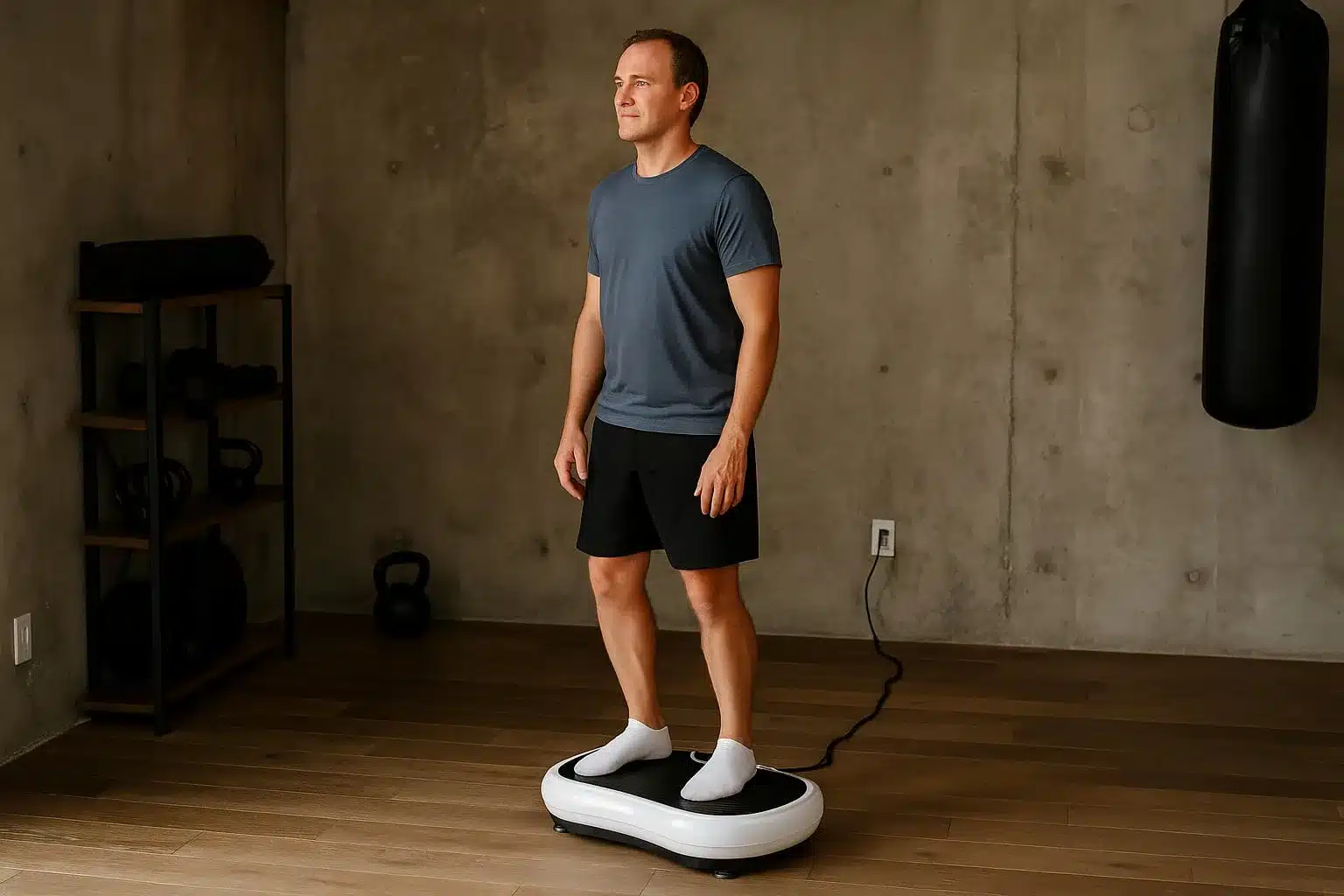 A man on a HURTLE Vibration Plate in a home gym