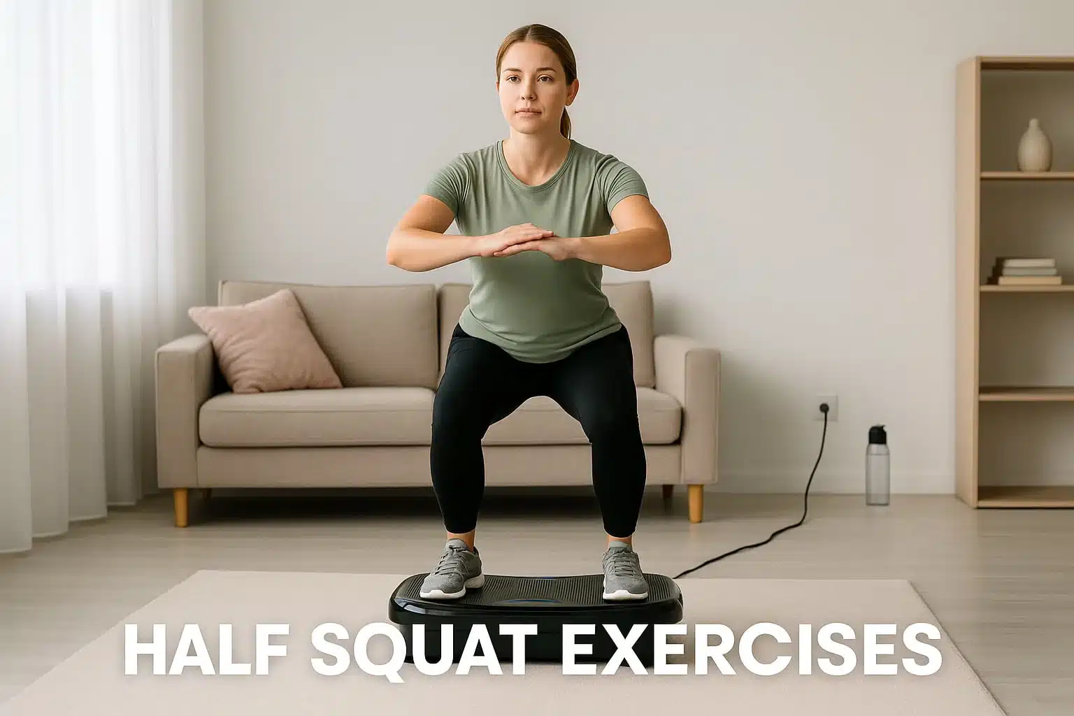 A woman demonstrating a half squat on a vibration plate
