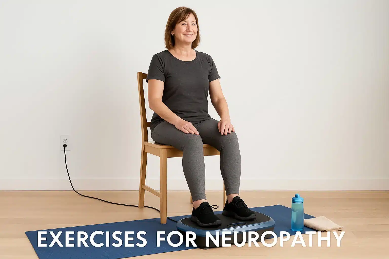 A woman doing exercises for neuropathy on a vibration plate