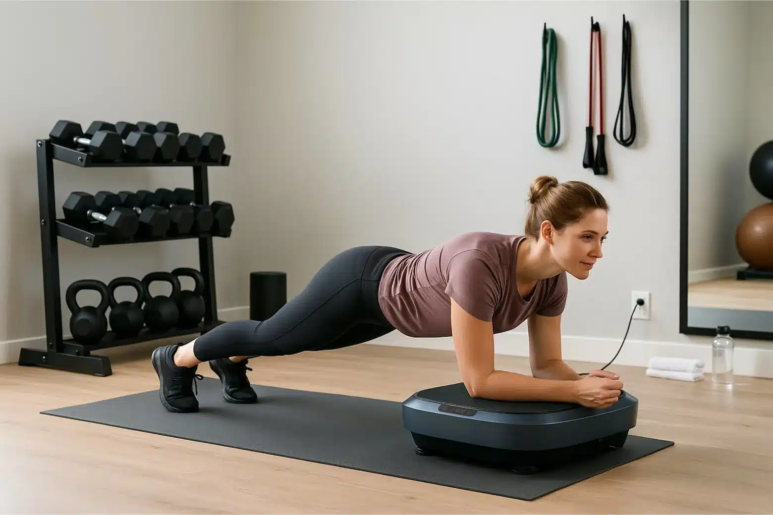 A woman doing exercises on a vibration plate in a home gym