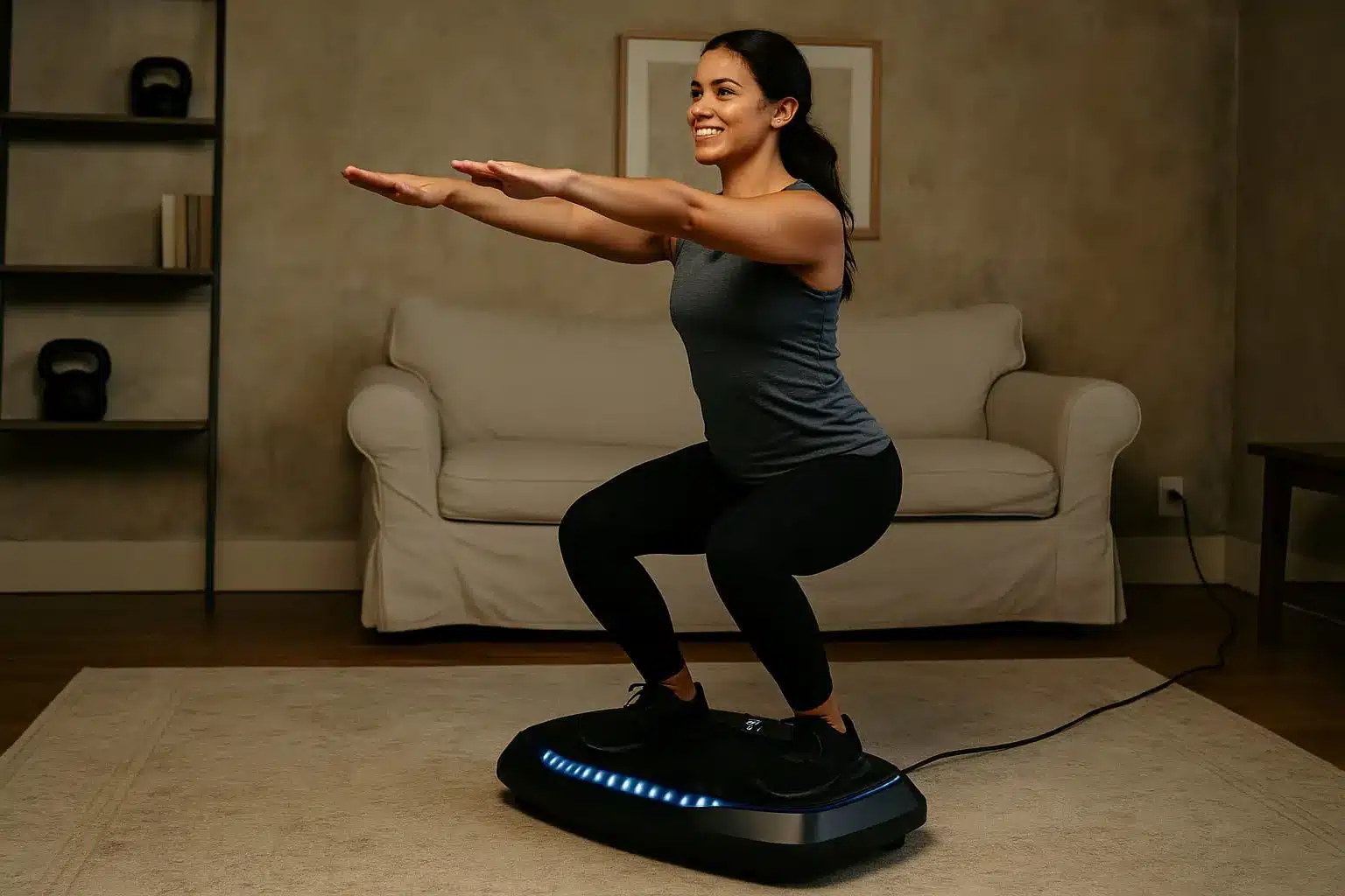 A woman on a FLYBIRD Vibration Plate in a sitting room