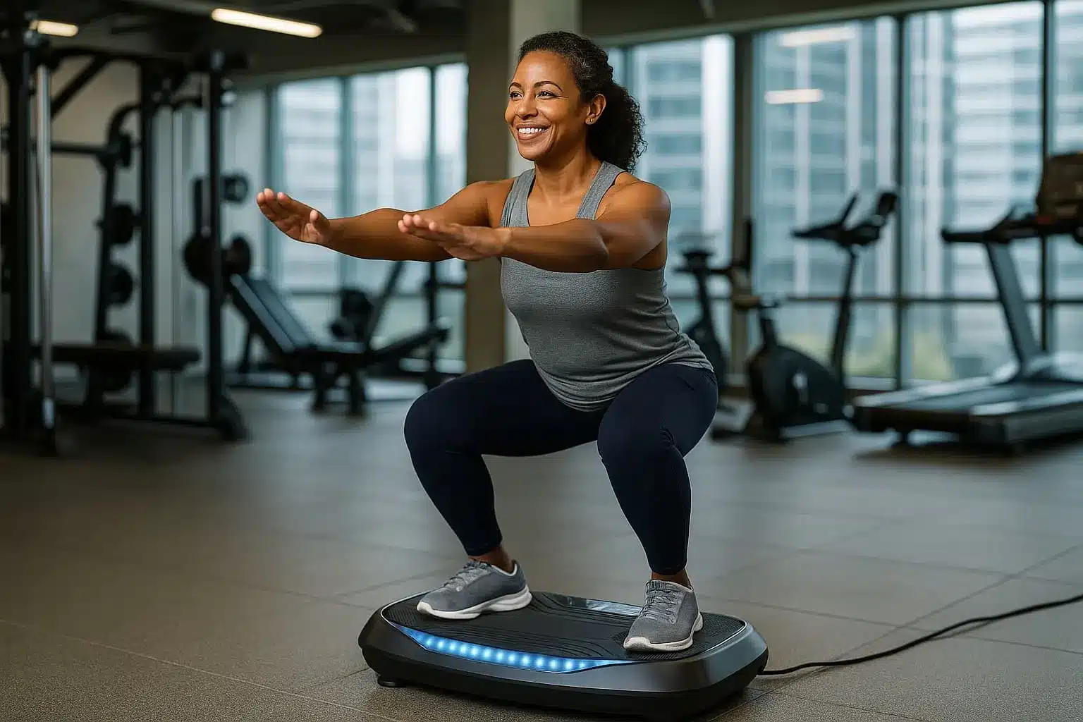 A woman on a FLYBIRD Vibration Plate in a gym