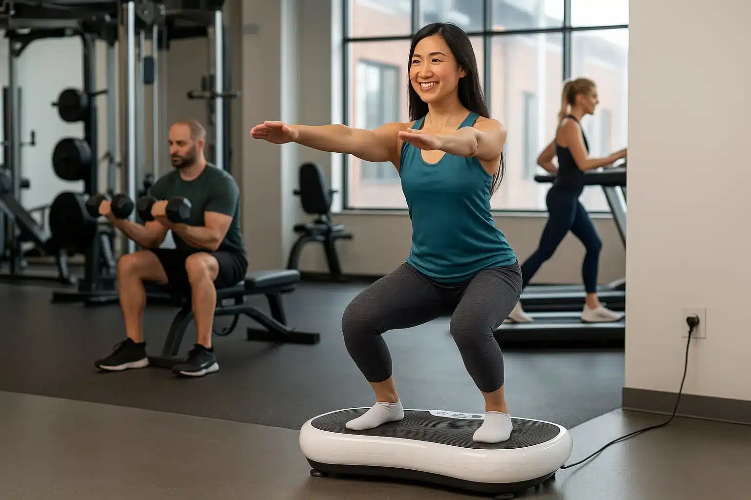 A woman on a HURTLE Vibration Plate in a commercial gym