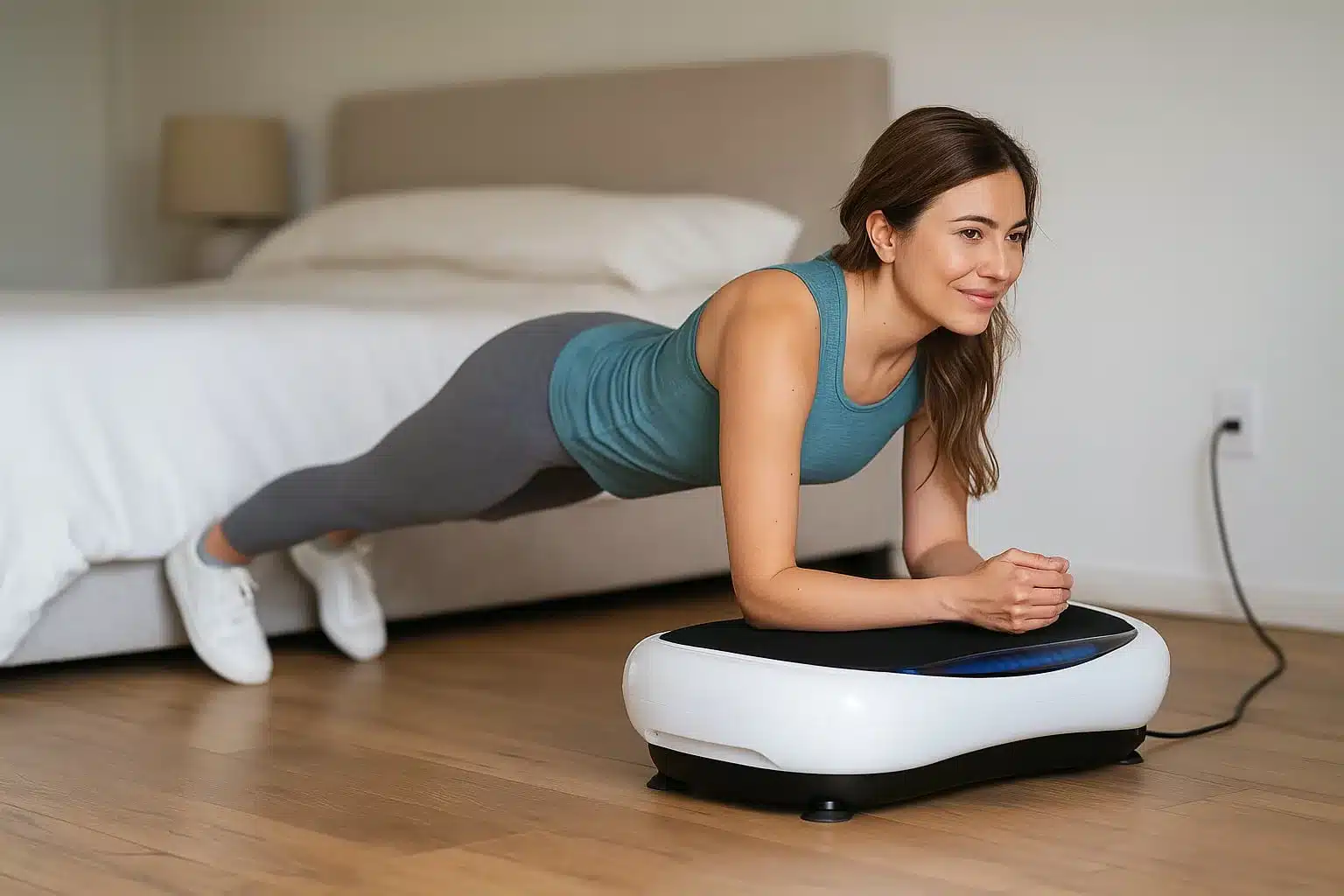 A woman on a HURTLE Vibration Plate in her bedroom doing a plank