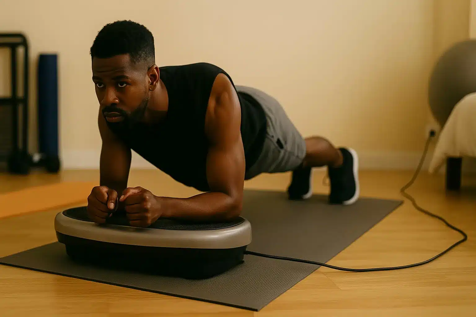 A young African American man doing a plank on a vibration plate  in his bedroom