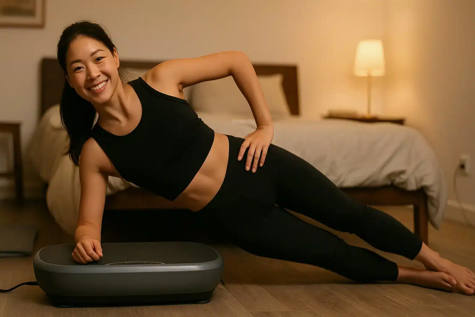 A young Asian woman doing a side plank on a vibration plate in her bedroom