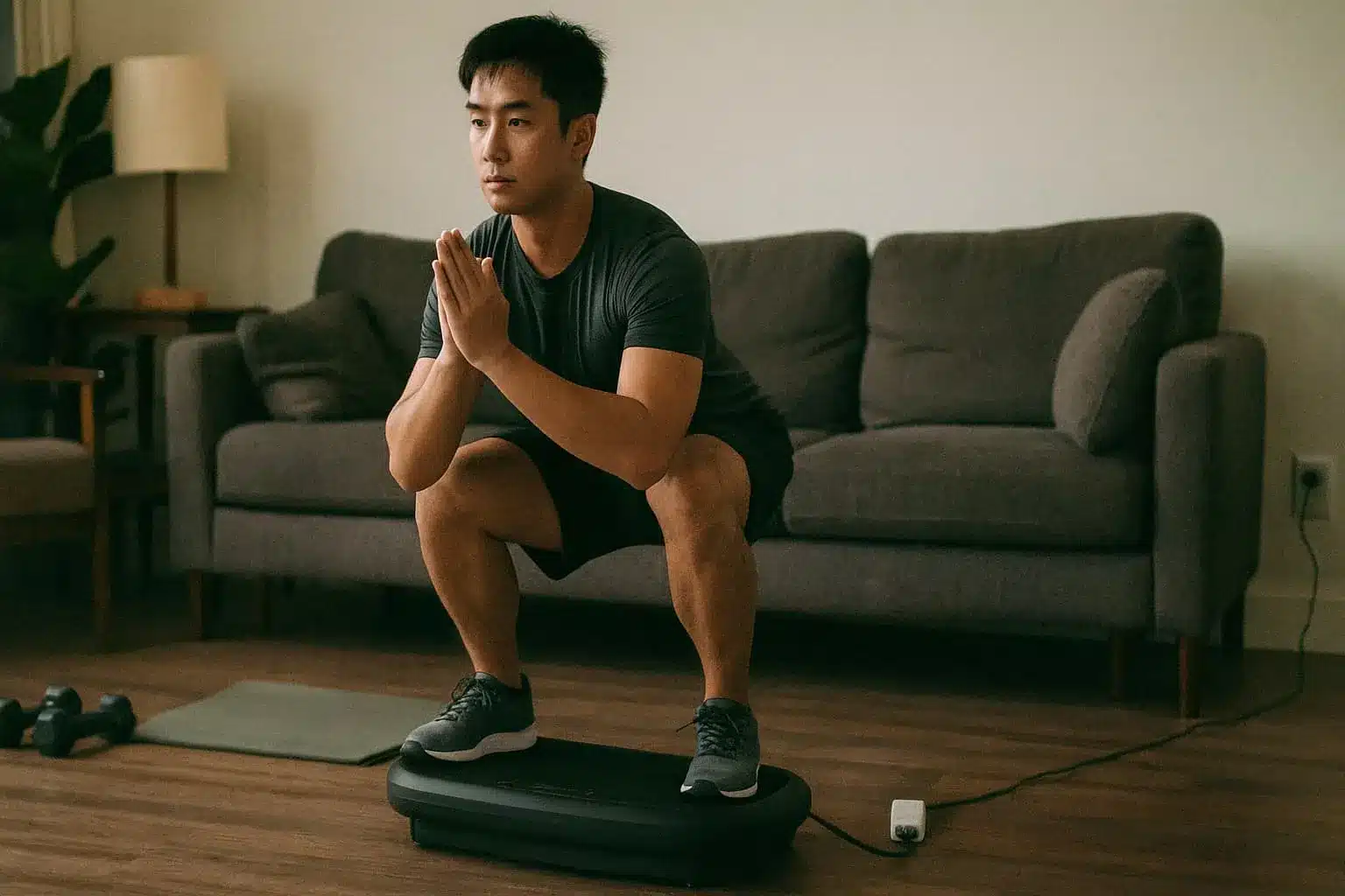 An asian man exercising on a vibration plate in his room at home