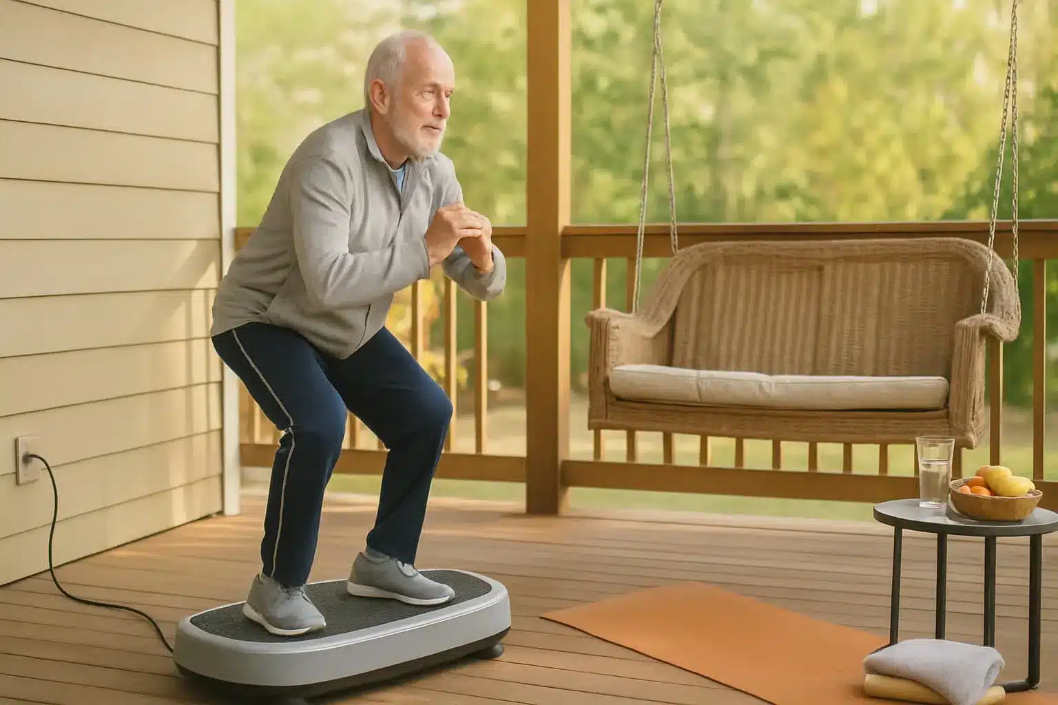 An elderly man exercising on a vibration plate on his porch