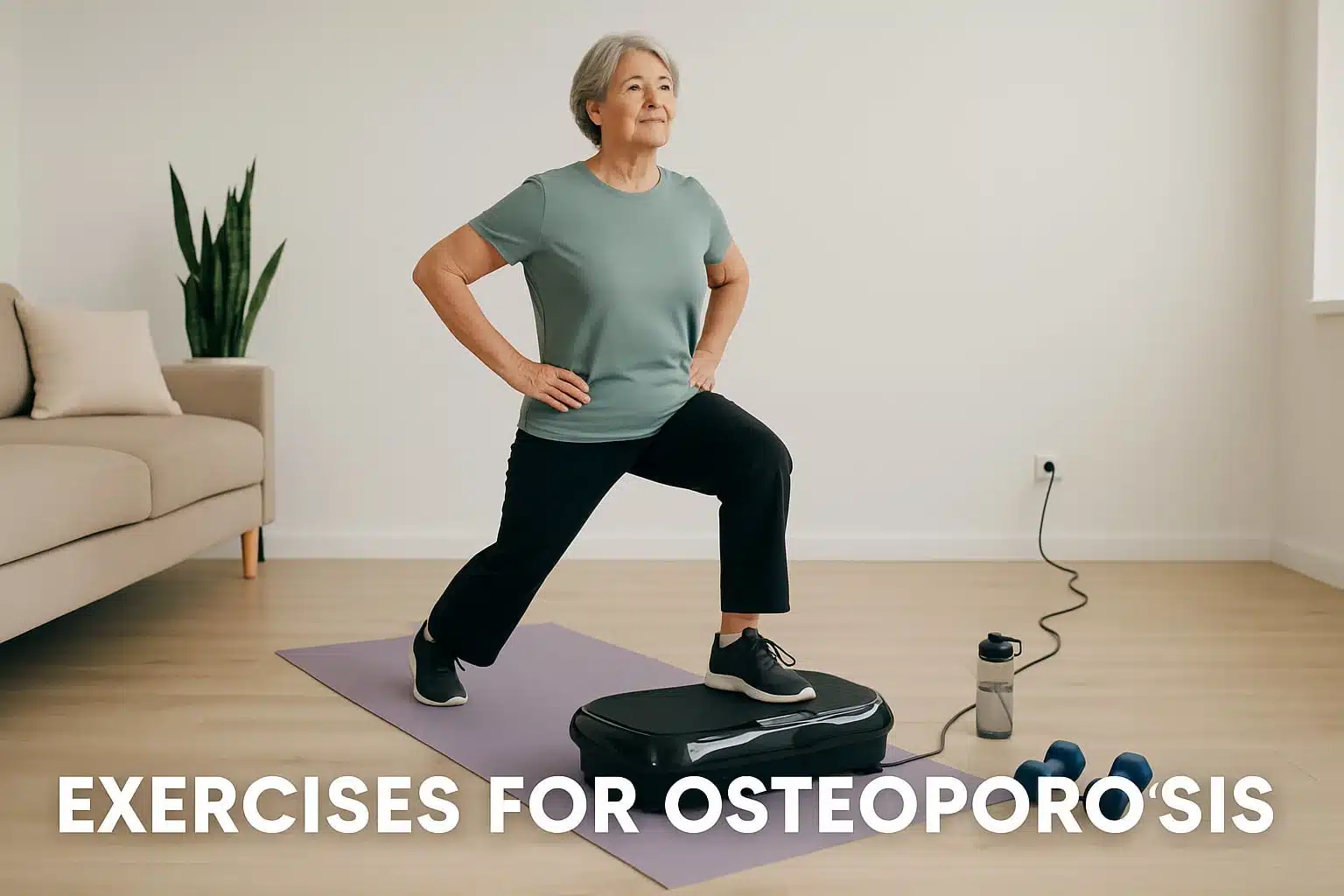 An elderly woman doing  exercises for osteoporosis on a vibration plate