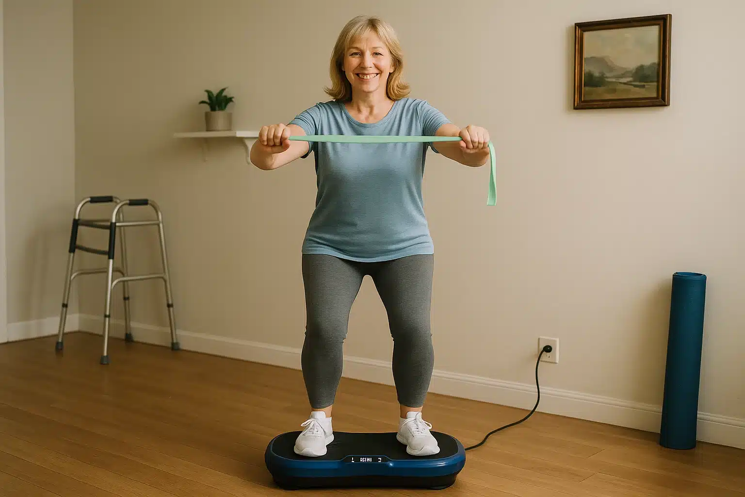 An elderly woman exercising on a vibration plate in her room at a rehab facility