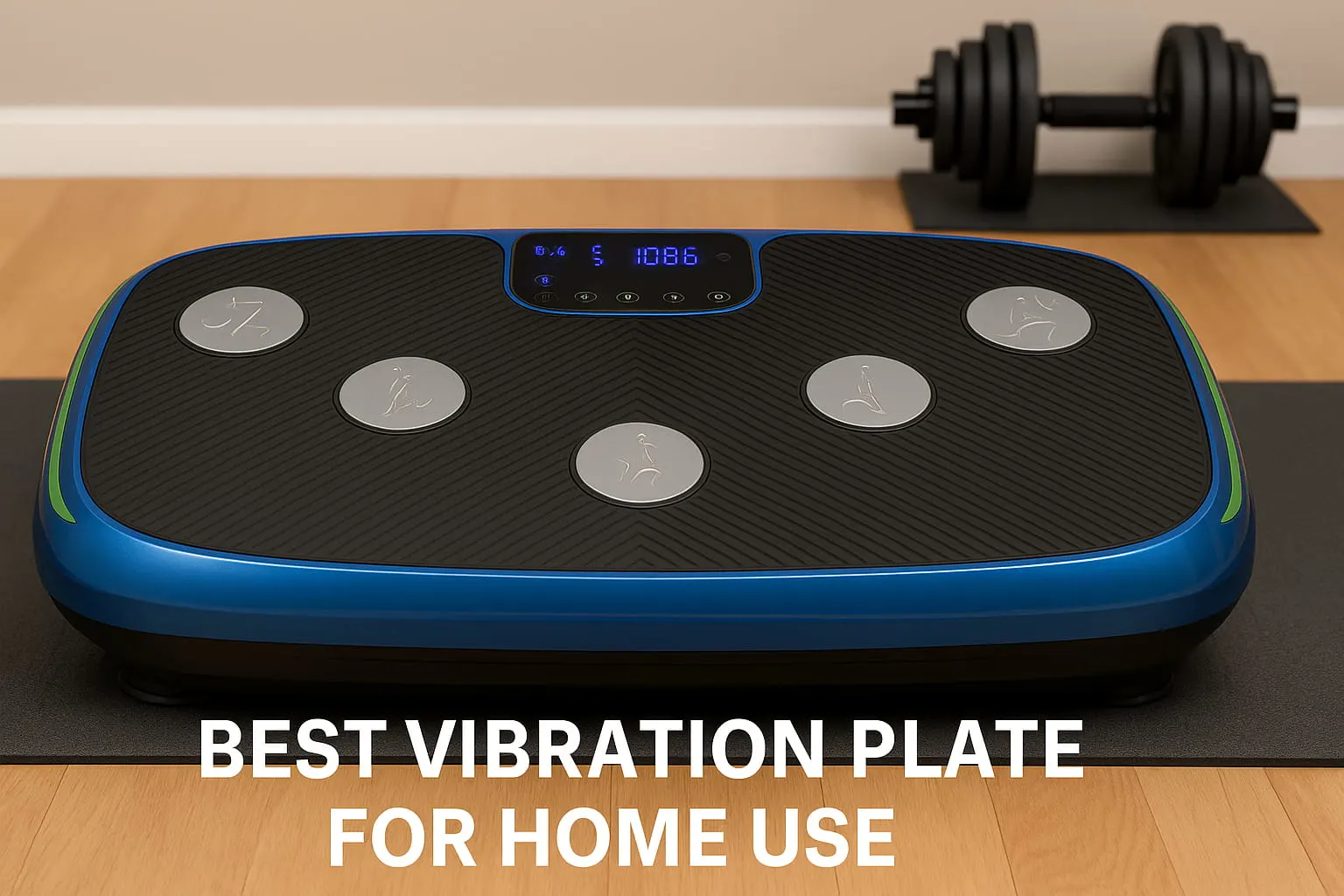 Best Vibration Plates for Home Use on the floor with adjustable dumbbells in the background