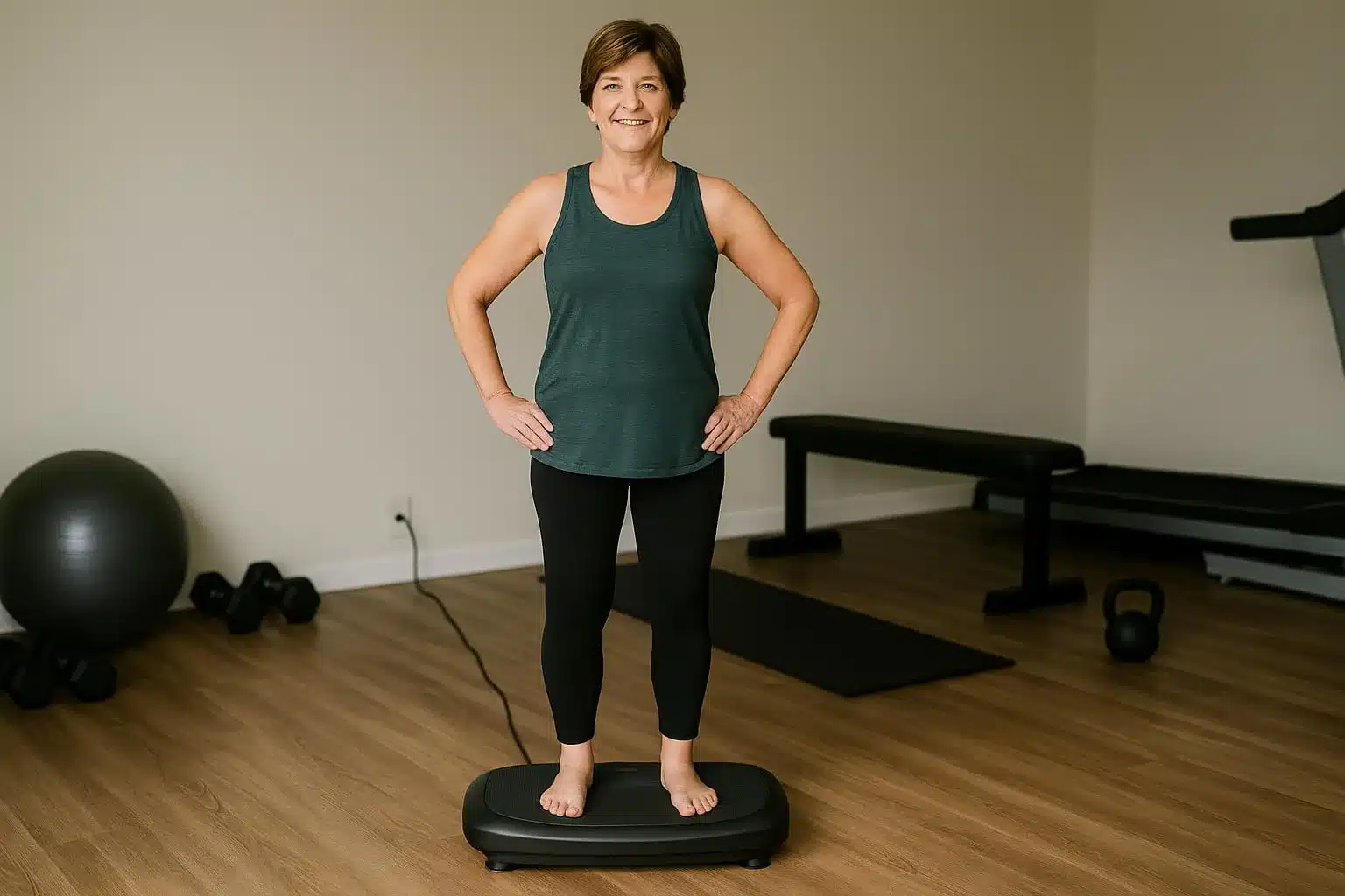 A women in her 50s using  a vibration plate to utilize circulatiion and heart health vibration plate benefits