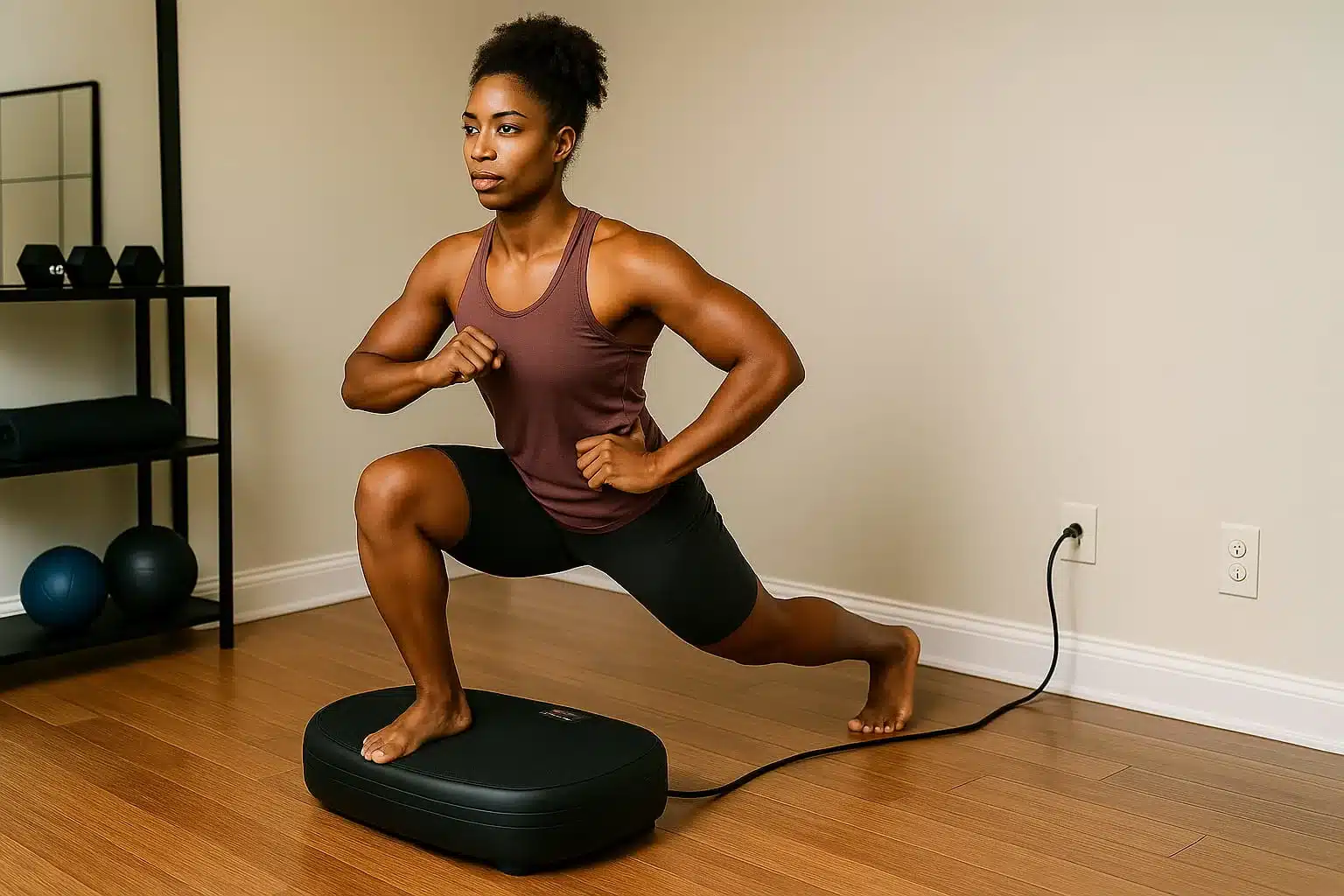 An African American woman working on core strength and muscle activation using a vibration plate in her home gym corner
