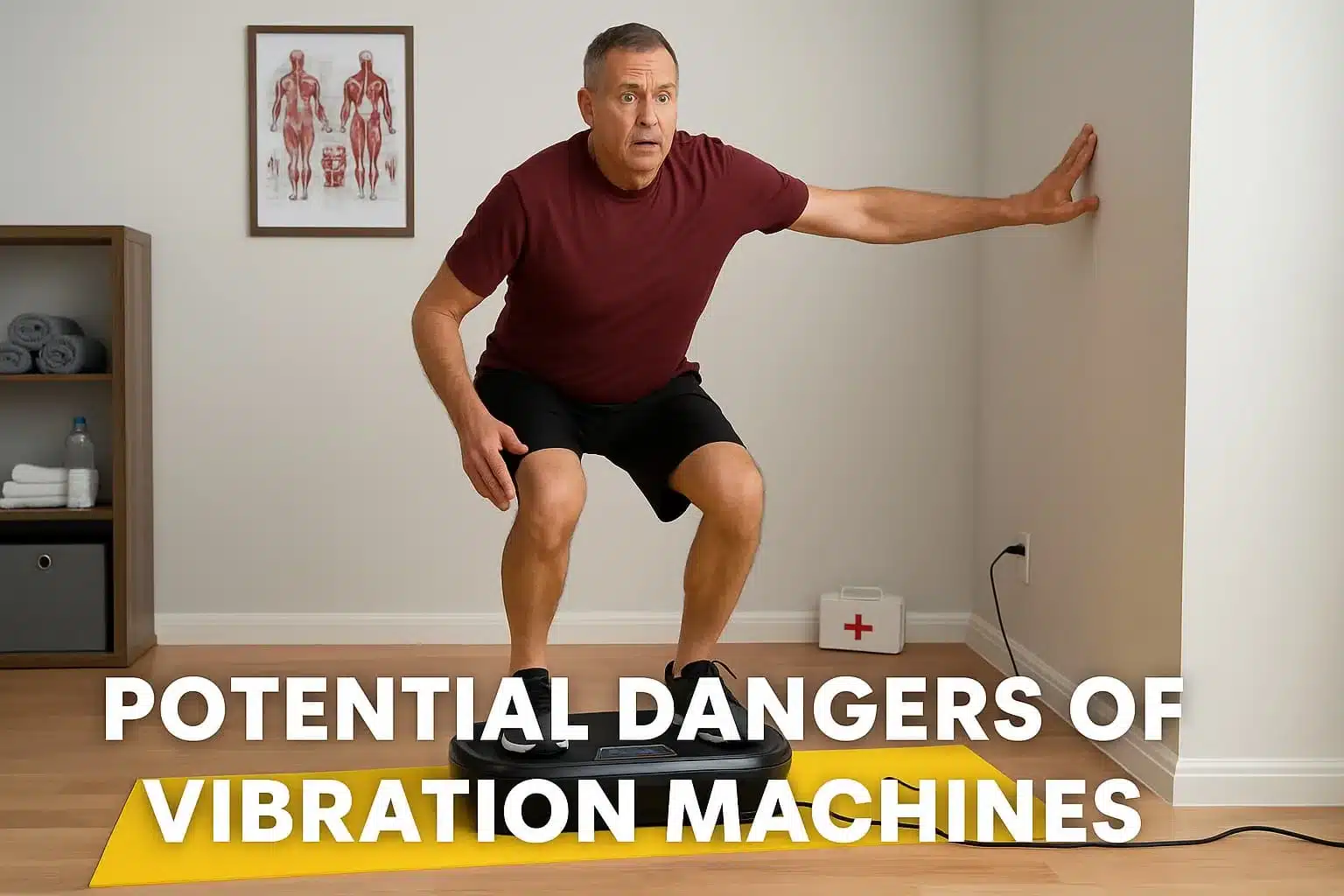 Dangers of Vibration Machines featured image of a man using a vibration plate carefully.