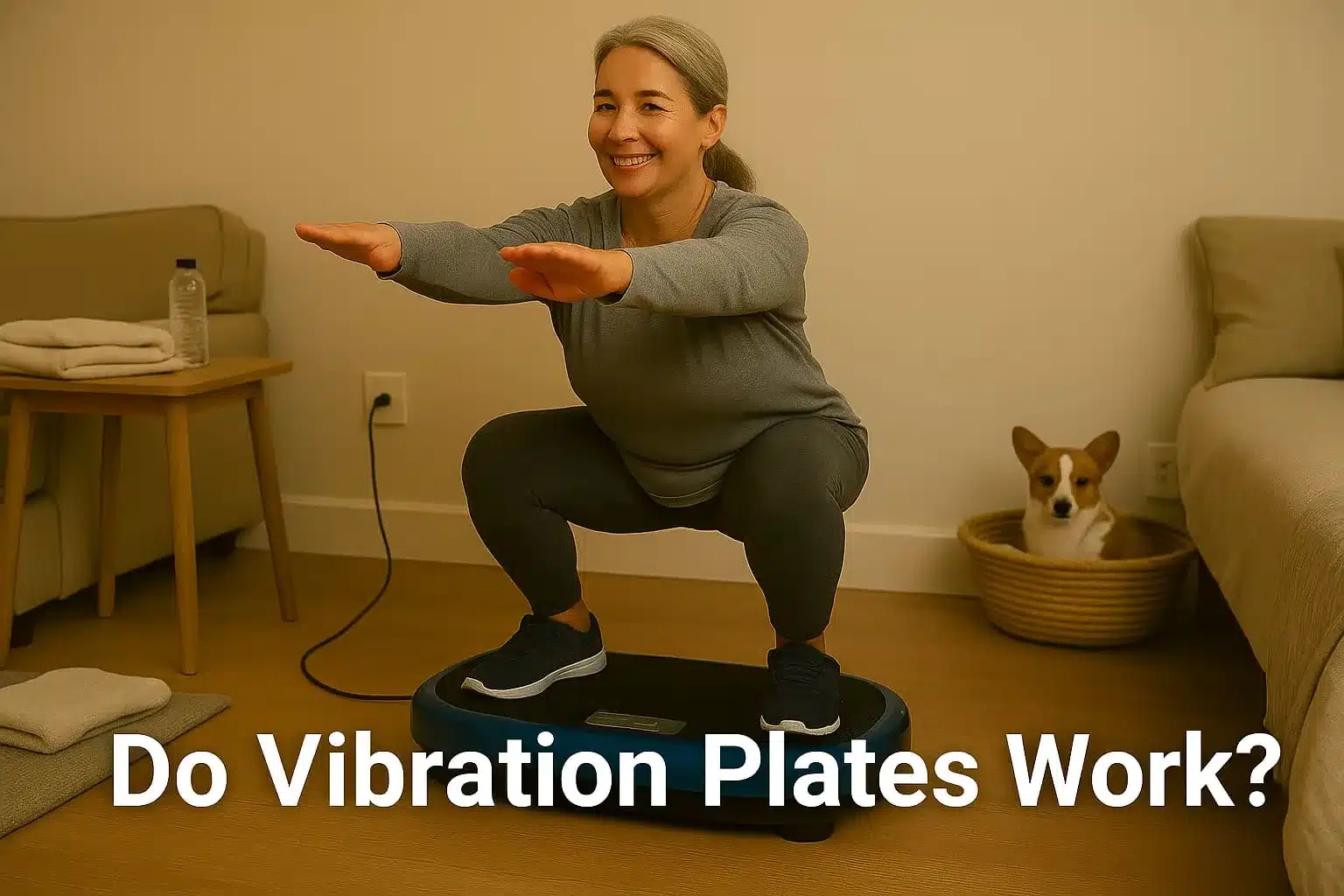 Do Vibration Plates Work_ Featured image of a woman exercising on a vibration plate in her room at home
