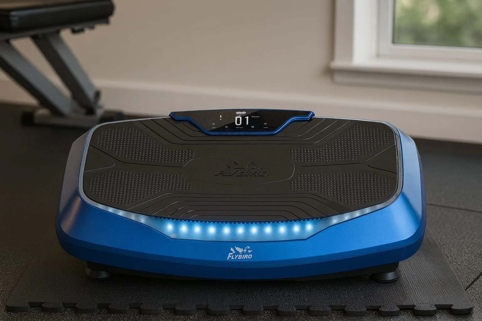 FLYBIRD 4D Vibration Plate (500 lb Capacity) on a floor in a house gym near a window