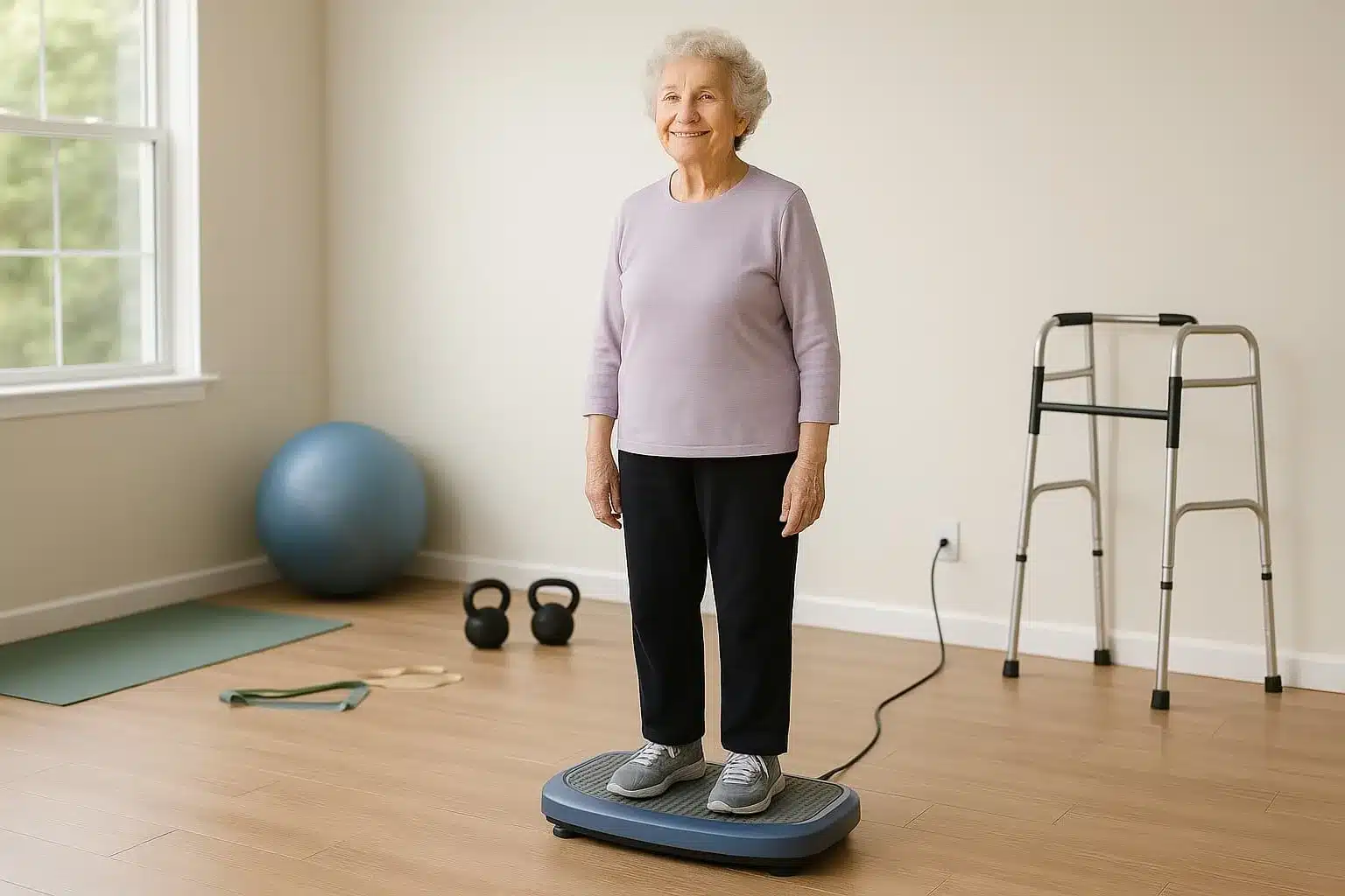 An elderly lady on a vibration plate in a bright home gym