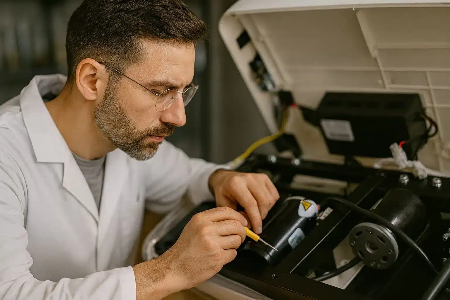 A scientists inspects a vibration plate in a test environment.