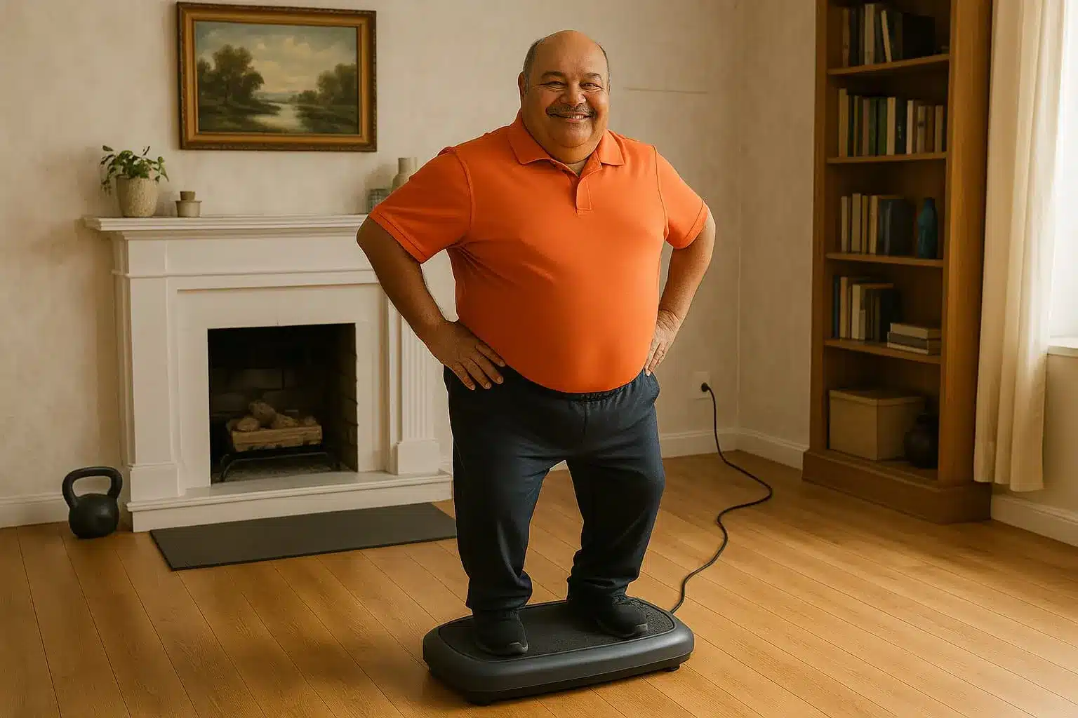 A hispanic man in his early 60s on a vibration plate at home.