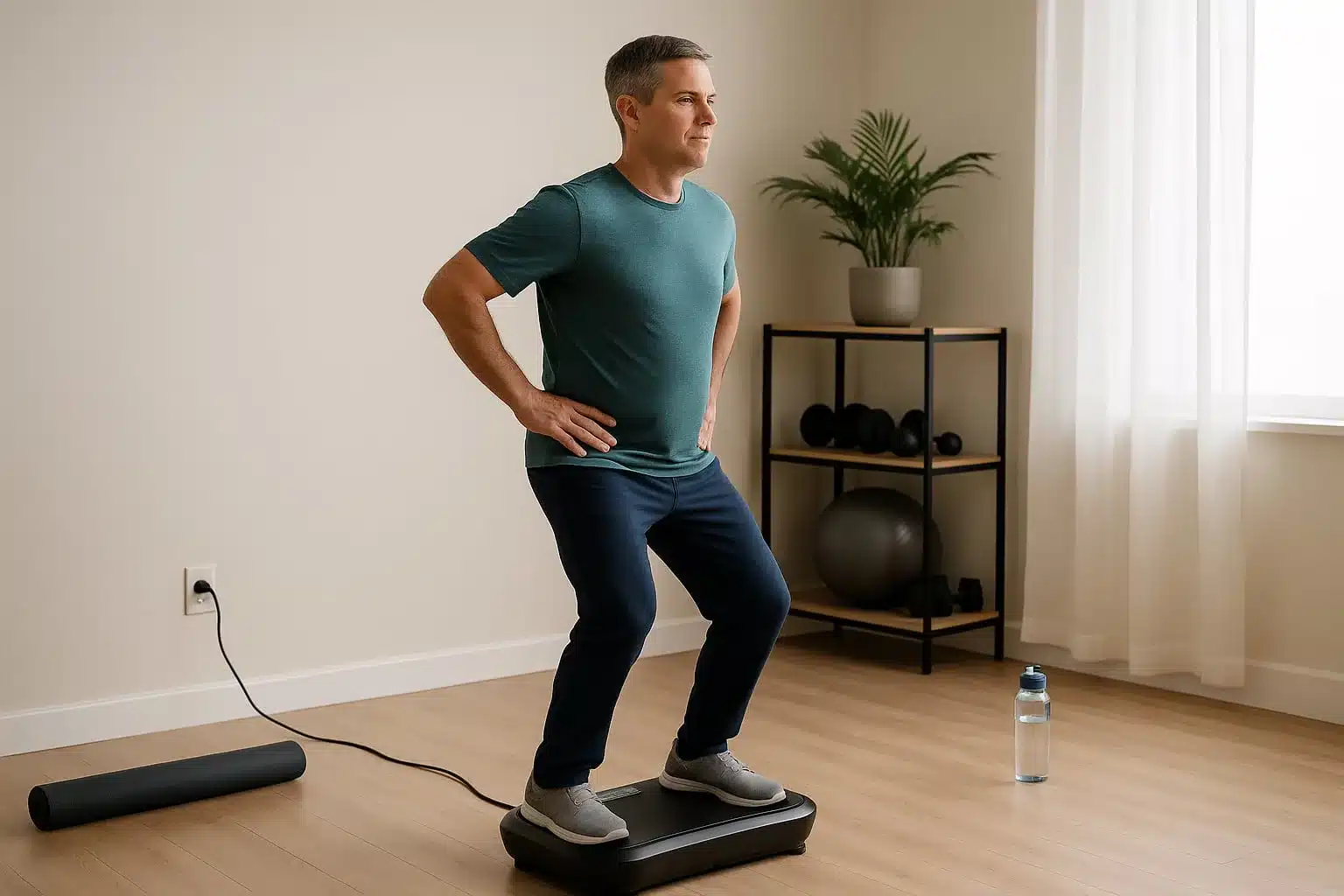 A man performing a pelvic tilt for back pain on a vibration plate