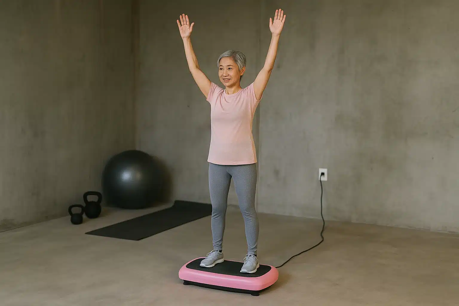 An Asian woman using a vibration plate for posture and core stability