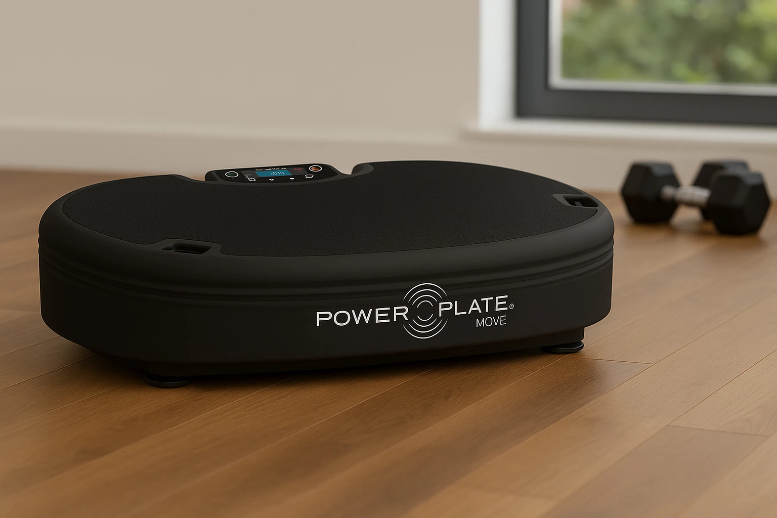 Power Plate MOVE in black color on the floor in a home gym