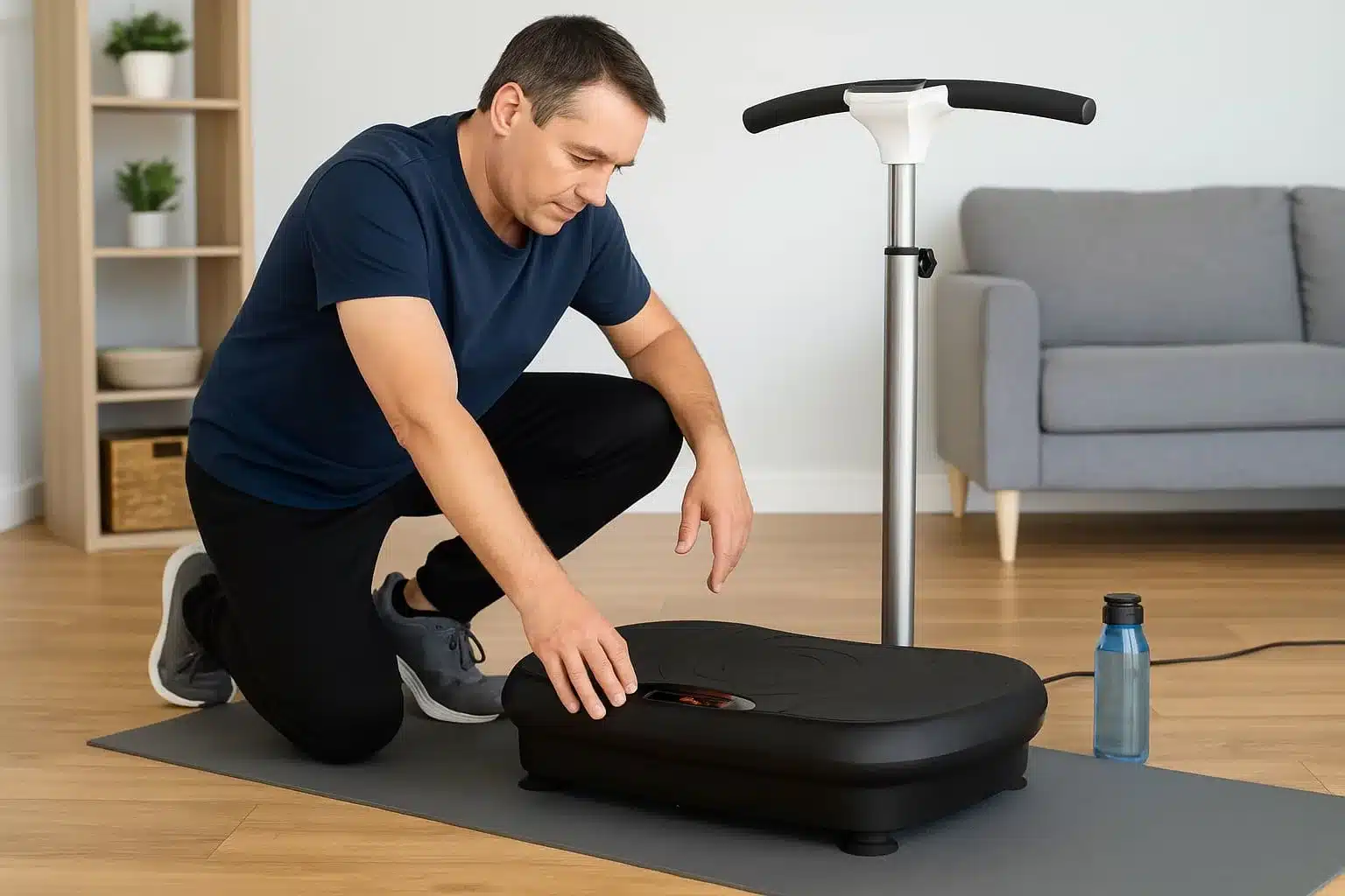 Vibration Plate Maintenance- 30-Second Pre-Use Walkaround done by a man in his sitting room