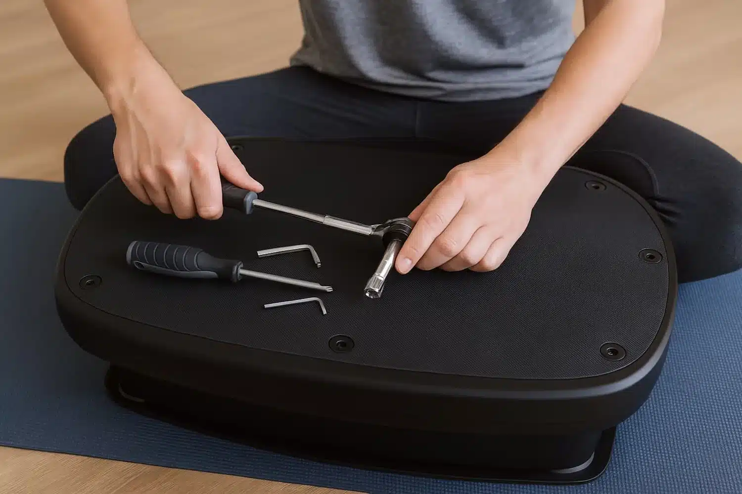 Vibration Plate Maintenance- A Man Tightening the Screws