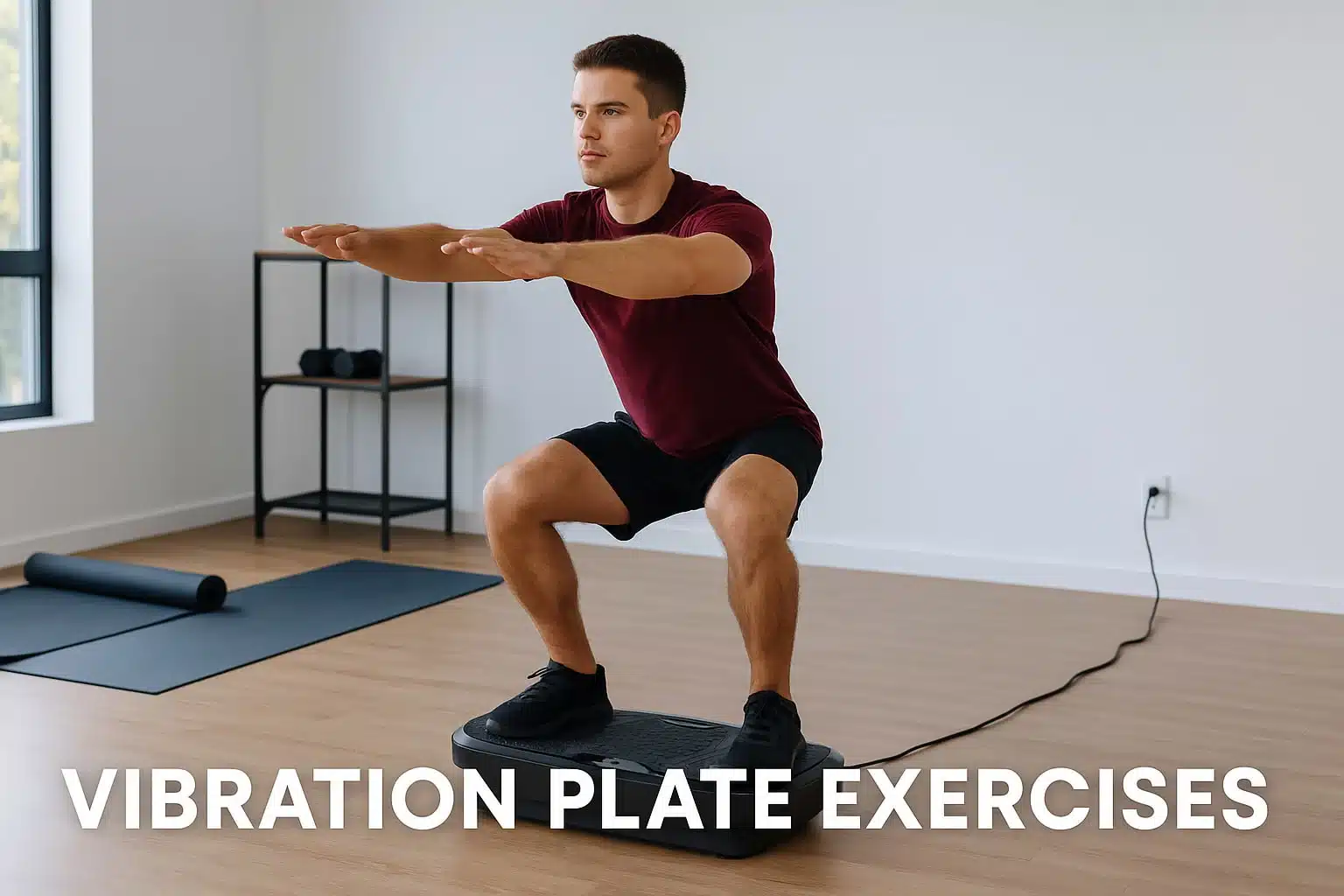 A man in a home gym doing a half squat.